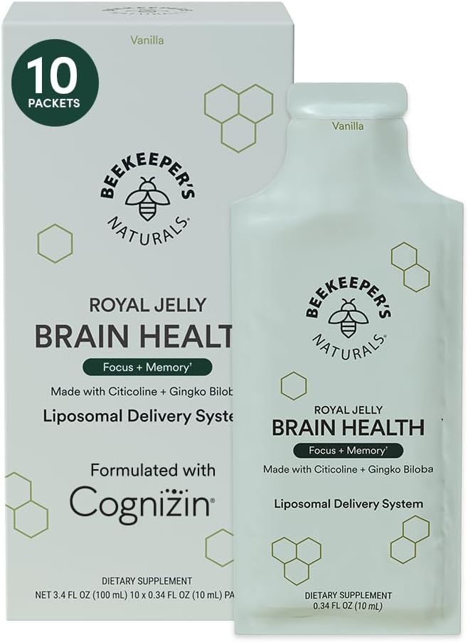 Nootropic Brain supplement by Beekeeper’s Naturals, 500 mg Citocoline, Ginkgo Biloba, Bacopa Monnieri & Royal Jelly, Supports Focus & Memory, Easier Absorption, Plus a Tasty Vanilla Flavor, 10ct