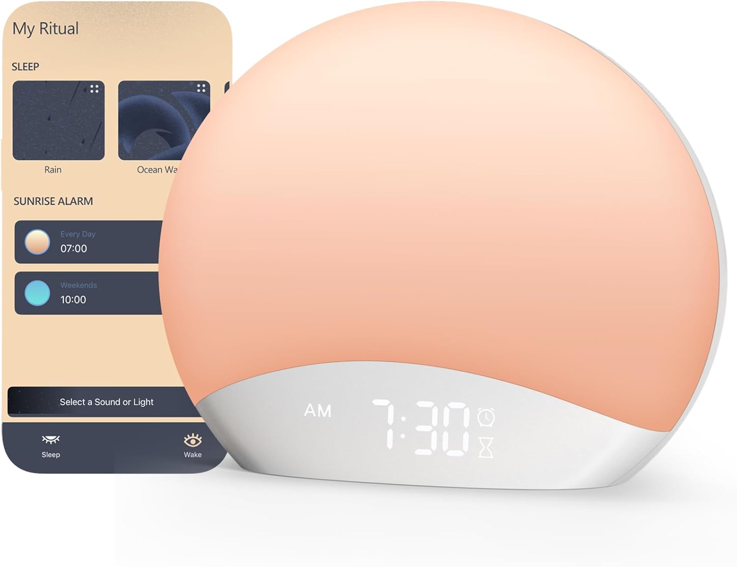 REACHER R7APP Smart Sunrise Alarm Clock with App Control, Custom Wake & Sleep Routines – Multi Sunrise Color, White Noise Sound Machine, Dimmable Display | Night Light, Screen-Free Sleep