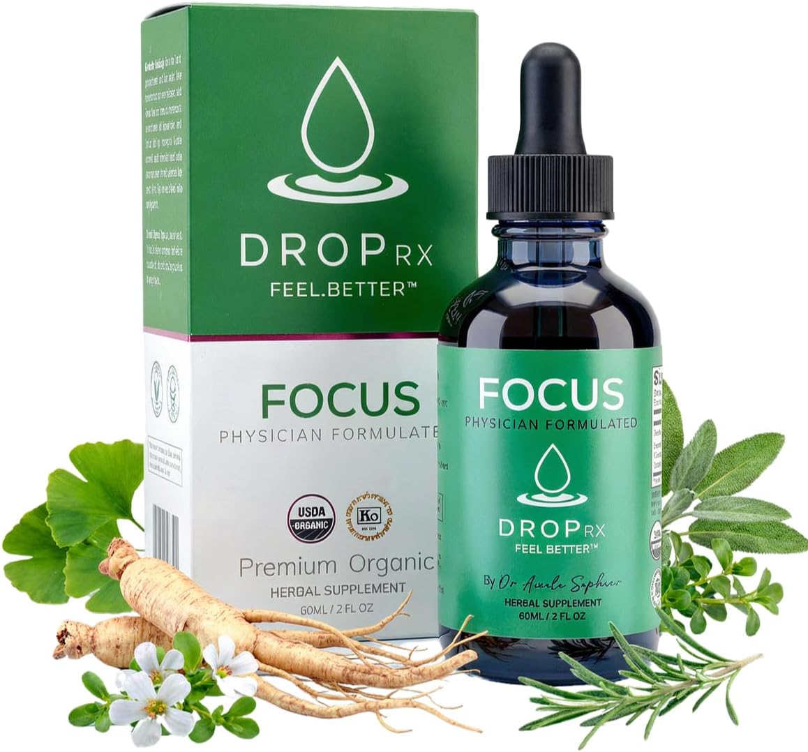 DropRx Focus – Organic Focus Supplement for Brain Health & Memory – Ginseng, Ginkgo, Bacopa, Rosemary, Sage – Cortisol Drops, Adrenal Support, Tincture Herbs for Brain Fog, Clarity, Attention (2fl.oz)