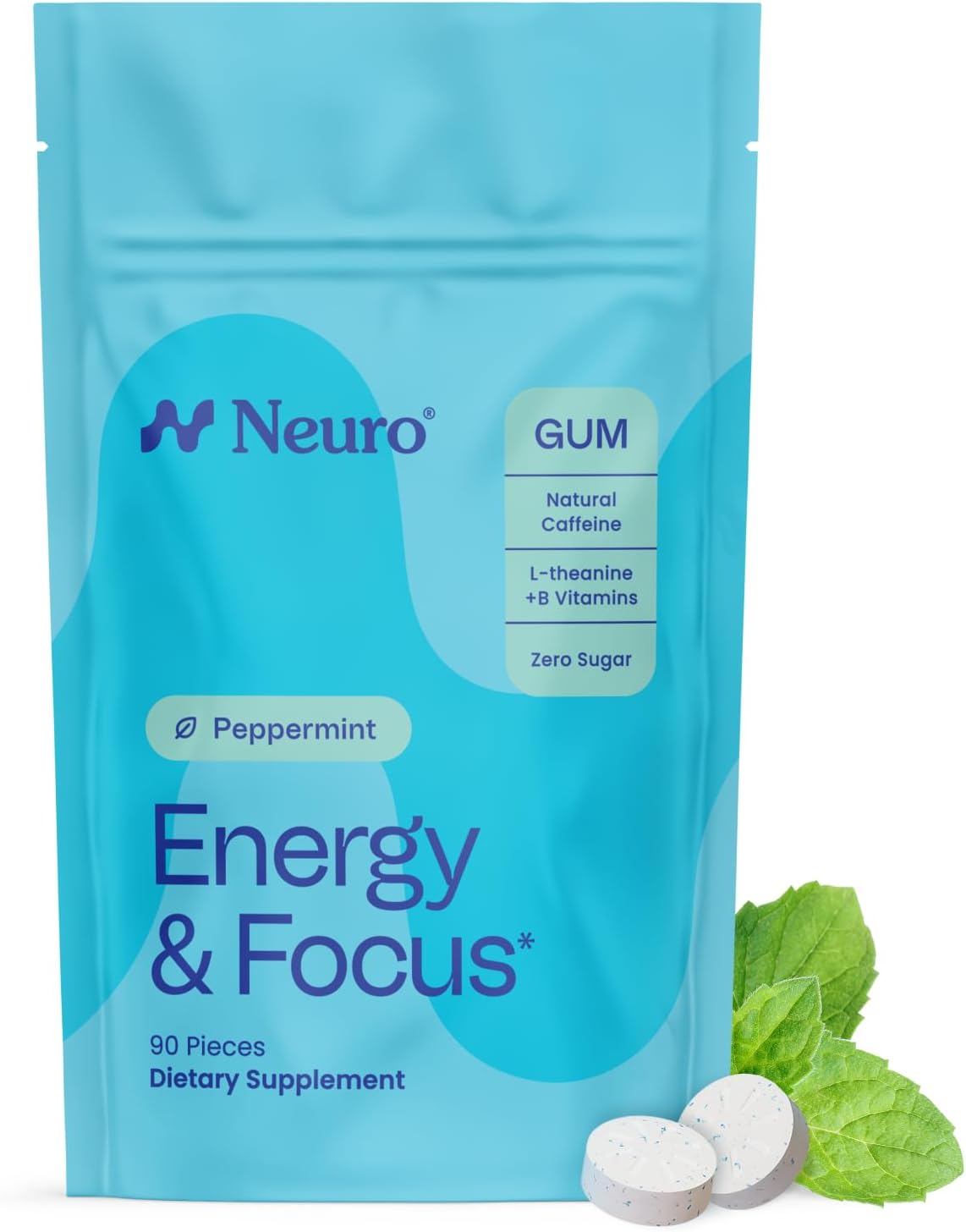 Neuro Energy & Focus Gum – 40mg Natural Caffeine Gum & Nootropic Energy Supplement with L-Theanine & B Vitamins – Sugar Free, Vegan – Peppermint, 90ct