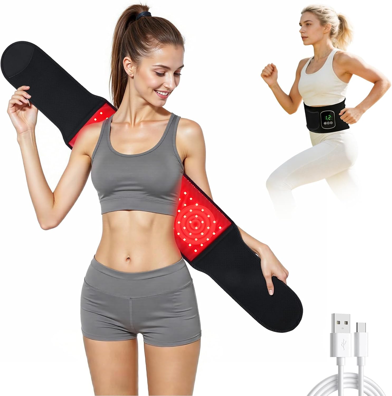 Red Light Therapy Belt for Body, 660nm & 850nm, 105 LED Beads, 5-Level Dimming, 3-Speed Vibration, & 3 Timed Modes Rechargeable Heating Waist Wrap for Back, Knee, Abdomen