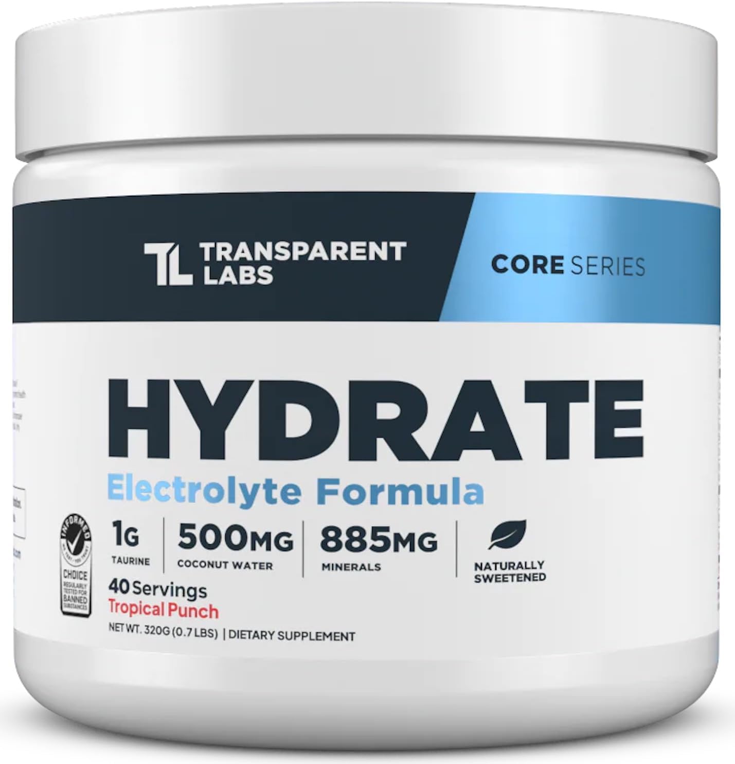 Transparent Labs Hydrate Naturally Sweetened Electrolytes Powder – Hydration Powder Electrolytes with Coconut Water, Calcium, Taurine, & Potassium – 40 Servings, Tropical Punch