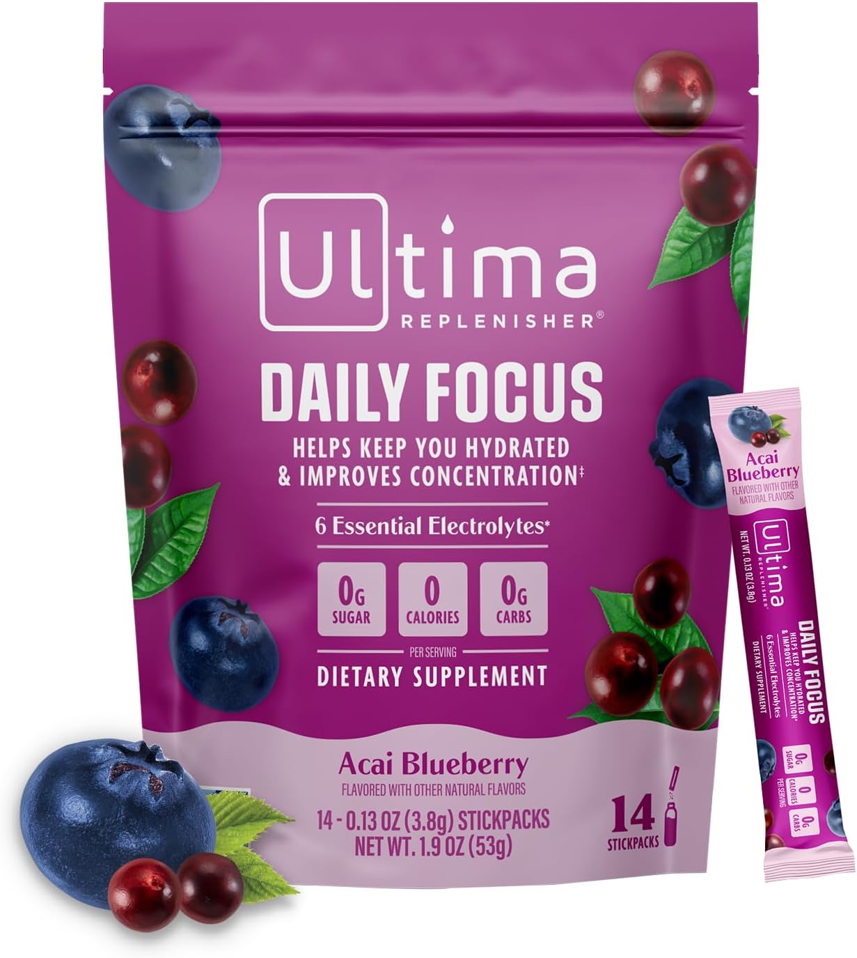Ultima Replenisher Daily Focus Supplement & Electrolytes Powder – Acai Blueberry, 14 Stickpacks – Hydration Packets, 60mg Caffeine from Green Tea Extract & L-Theanine to Improve Focus & Concentration