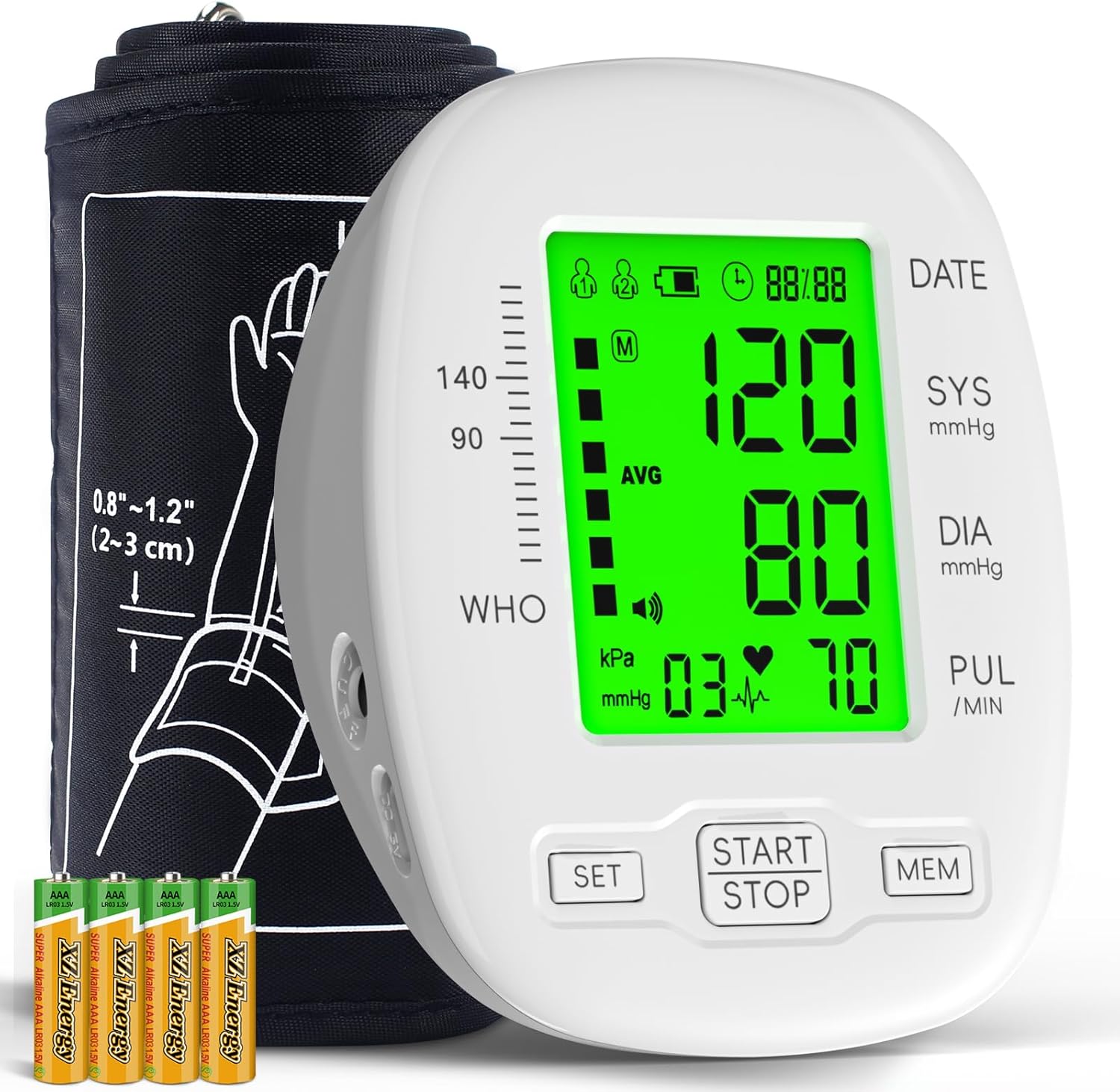 Blood Pressure Monitor, Blood Pressure Cuff 22-42cm – 2 * 99 Sets of Memory, 4*AAA Battery Included, White