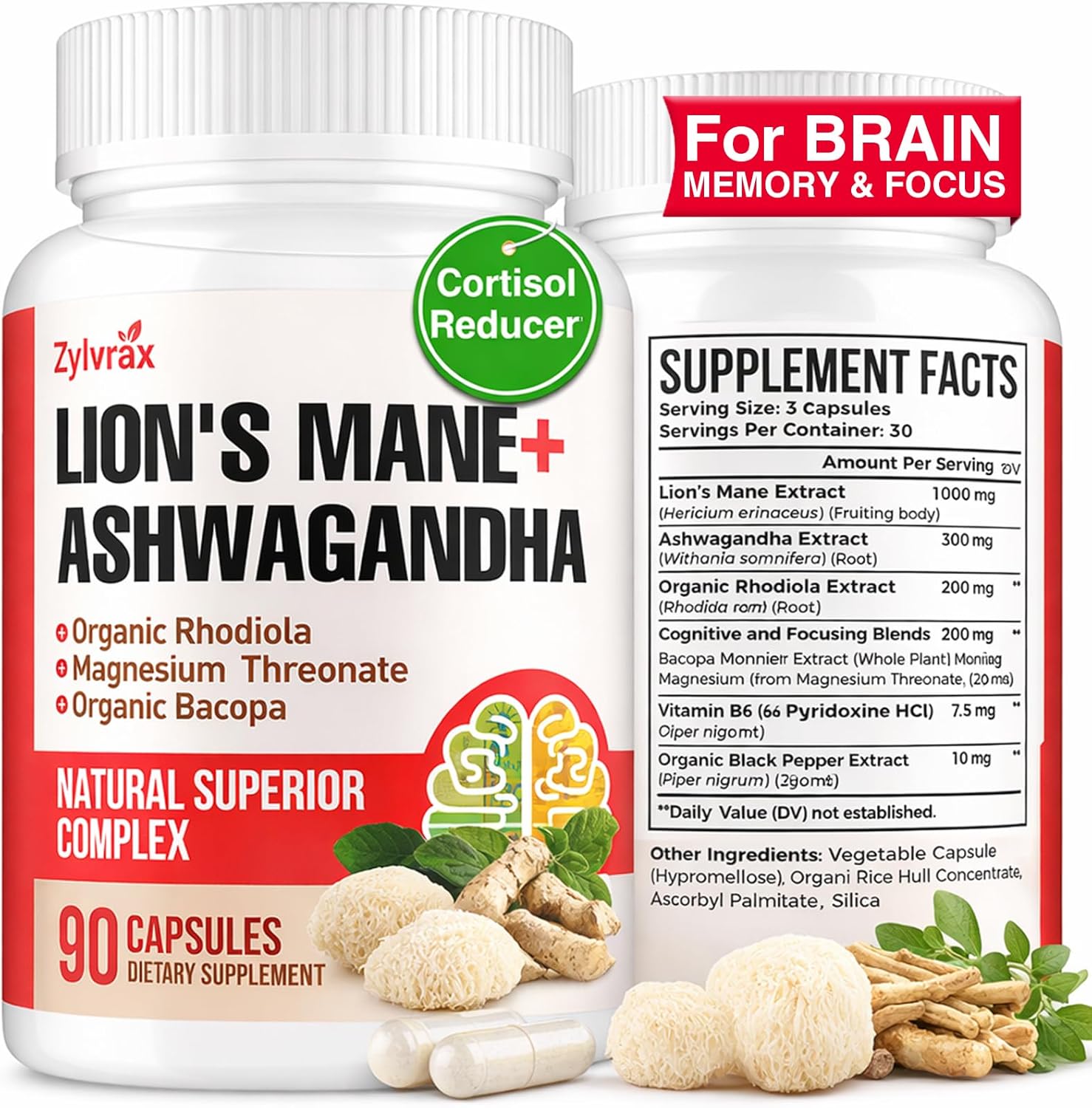 Ashwagandha & Lions Mane Supplements Capsules, Brain Supplements for Memory and Focus, Ashwagandha with Rhodiola Rosea for Cognitive, Immune Support, Cortisol Supplements for Women, 90 Capsules