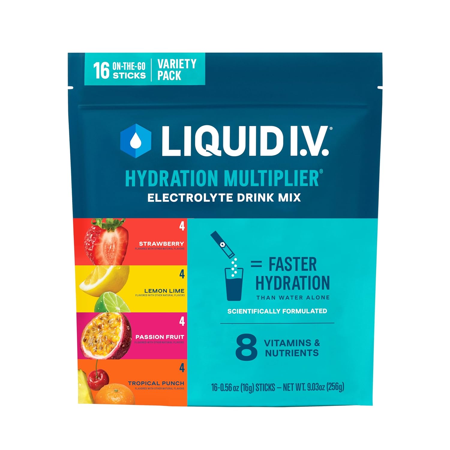 Liquid I.V.® Hydration Multiplier – Variety Pack – Lemon Lime, Passion Fruit, Strawberry, Tropical Punch | Electrolyte Powder Drink Mix | 1 Pack (16 Servings)