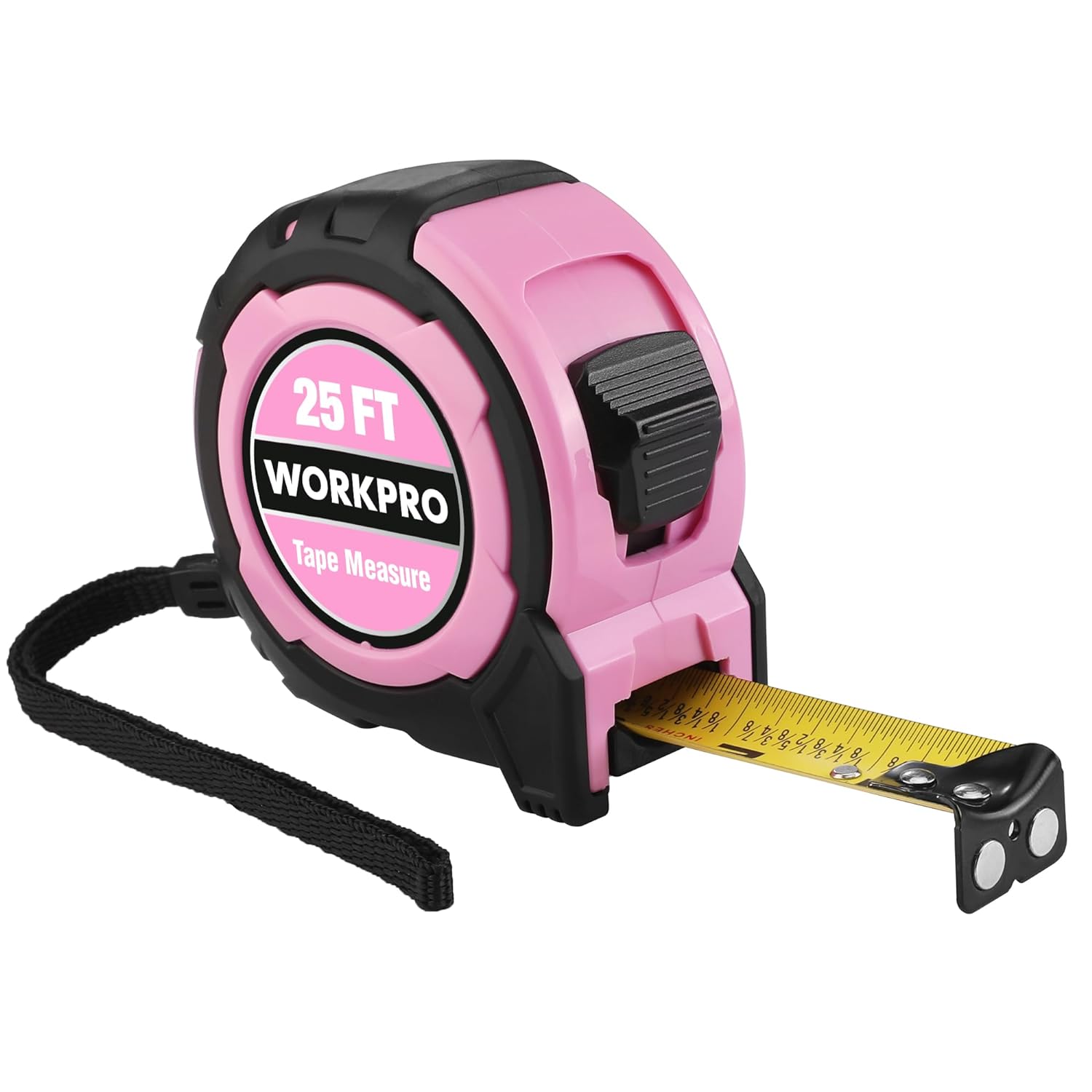 WORKPRO 25FT Pink Tape Measure, 1/8 Fractions Easy Read Measuring Tape, Retractable Nylon Coating Measurement Tape Accuracy 1/32, Magnetic Hook, Belt Clip, Rubber Protective Casing – Pink Ribbon