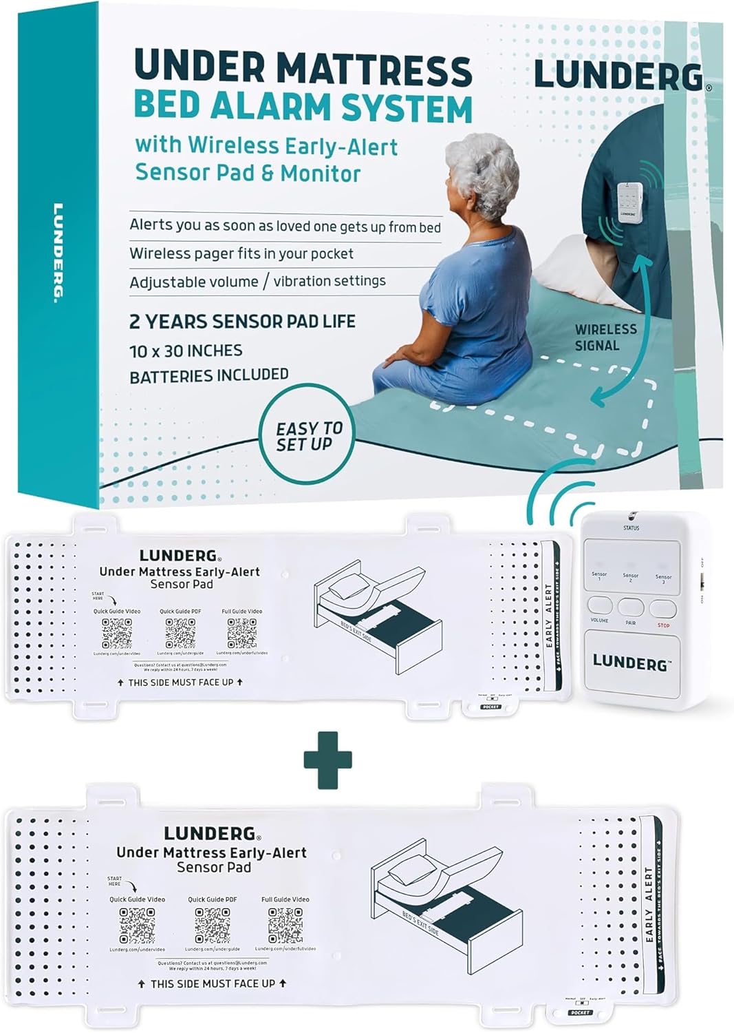 Lunderg Under Mattress Bed Alarm for Elderly Adults Wireless with Early Alert – 2 Bed Sensor Pads & Pager – Bed Alarm for Elderly Dementia Patients – Bed Alarms and Fall Prevention for Elderly