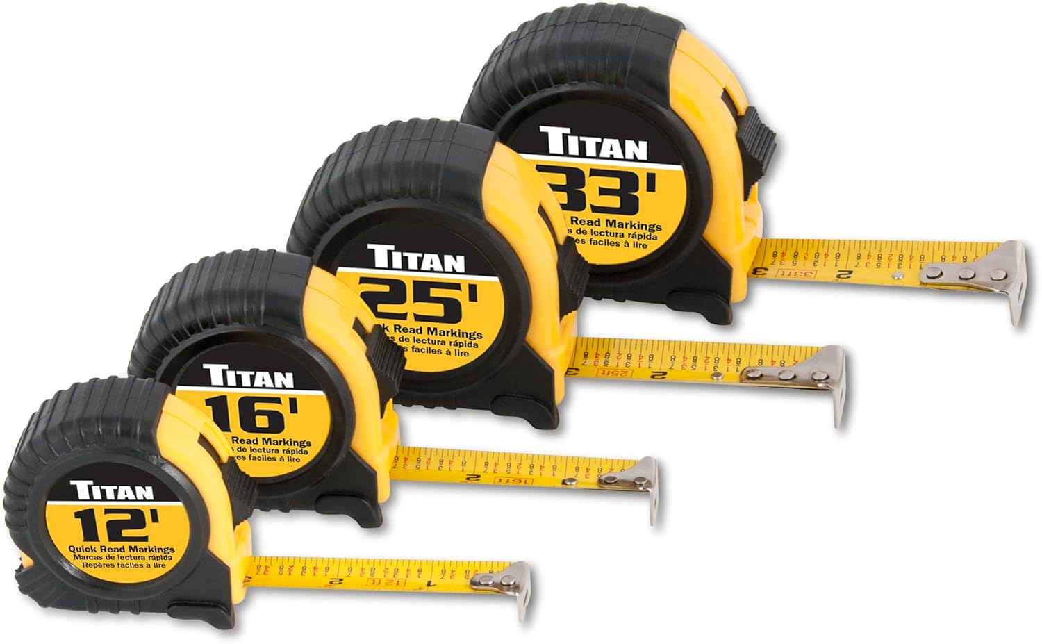 Titan 10902 Tape Measure with Easy-Read Standard Markings and Durable Case, 4-Piece Set, 12-Foot, 16-Foot, 25-Foot and 33-Foot
