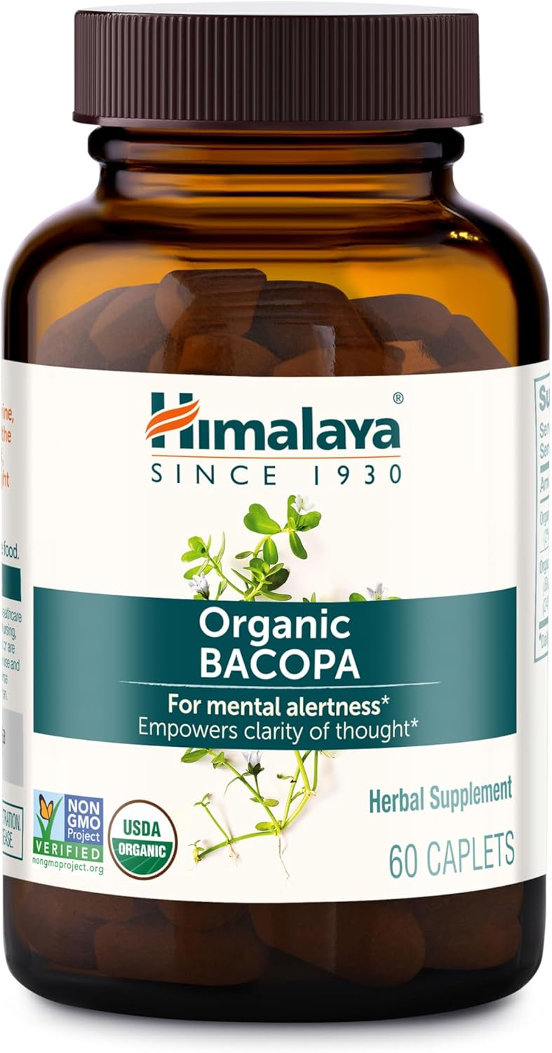 Himalaya Organic Bacopa Monnieri Nootropic Herbal Supplement, Supports Calm, Memory, Cognition, USDA Certified Organic, Non-GMO, 750 mg, 60 Plant-Based Caplets, 60 Day Supply