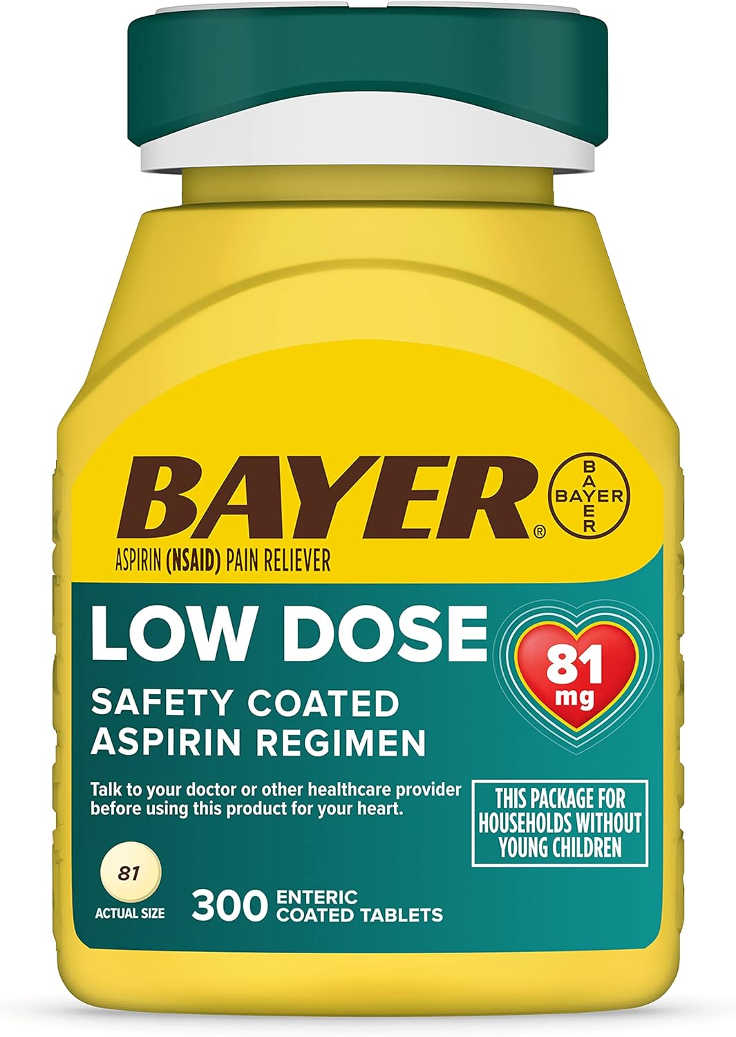 Bayer Aspirin Low Dose 81 mg, Enteric Coated Tablets, Doctor Recommended, Secondary Prevention of Cardiovascular Disease, 300 Safety Coated Tablets (Packaging may vary)