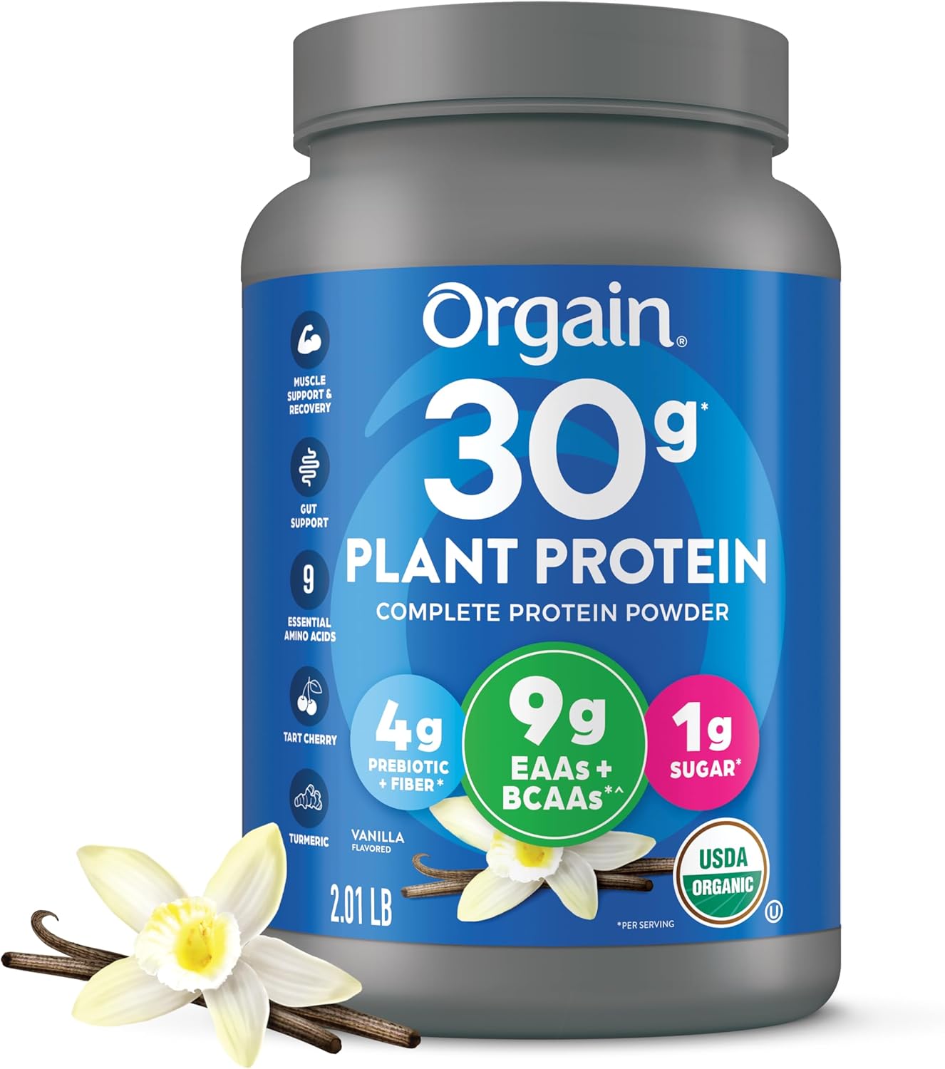 Orgain Organic 30g Vegan Plant Protein Powder, Vanilla, 9g EAAs + BCAAs, High Plant Protein, 4g Prebiotic + Fiber, 1g Sugar, Pre-Workout, Muscle Support + Recovery – 2.01lb (Packaging May Vary)