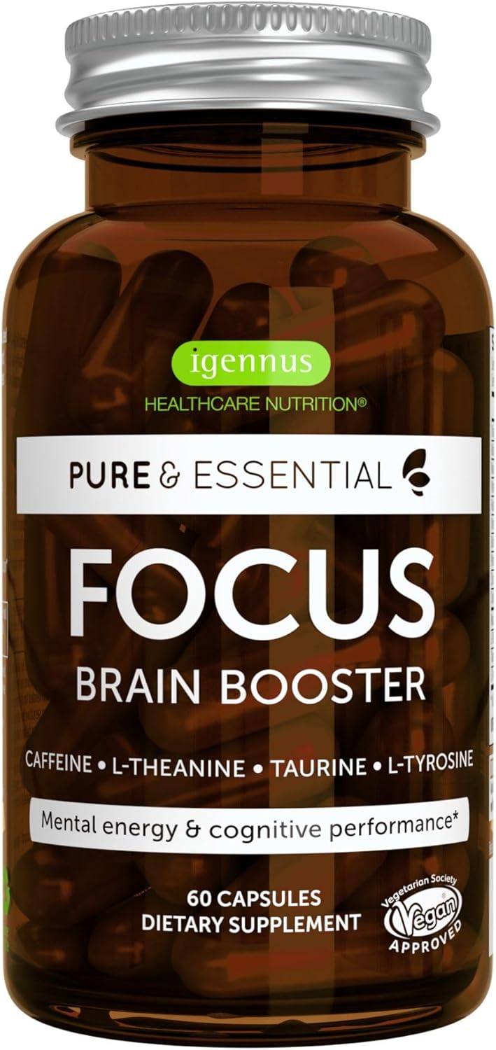 Igennus Focus – Nootropic with 200mg Natural Caffeine, Methylated B Vitamins, L-Theanine, Taurine, L-Tyrosine, Clean Energy, Brain Booster & Cognitive Performance, Non Jittery, 60 Capsules