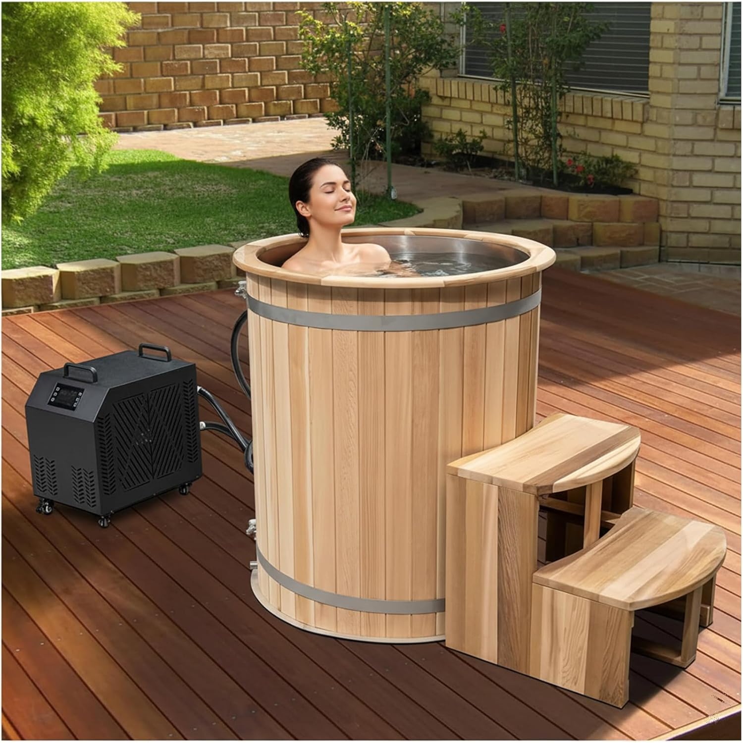 Wooden Ice Bath Barrel Tub, 1HP Chiller, Canadian Red Cedar Cold Plunge Tub, ETL Certificate,500L, Cooling and Heating, 304 Stainless Steel Base- Filter – Ozone/UV, 110-120V (37-107℉)