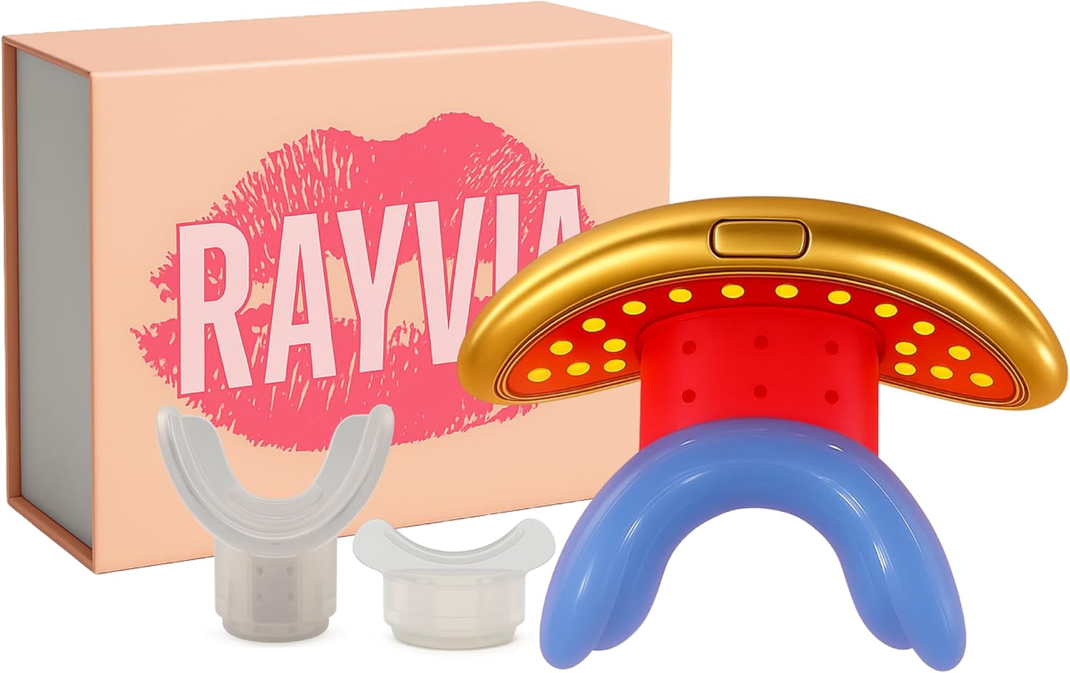 Rayvia – Red Light Therapy Device for Face, Lips – Lip Plumper – Collagen Booster – Anti-Aging Skincare Tool for Women – Fine Line Reducer – Blue Light Whitening Mouthpiece – Home Beauty (Gold)
