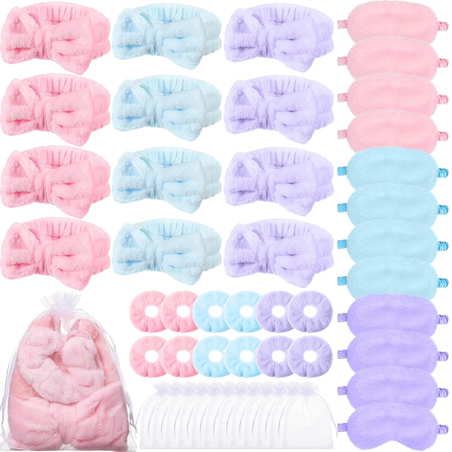 Mimorou 48 Pieces Spa Party Supplies 12 Spa Headband 12 Plush Sleep Eye Mask 12 Velvet Scrunchies 12 Organza Bags for Sleepover Slumber Party Favors Graduation Gift(Pink,Blue,Purple)
