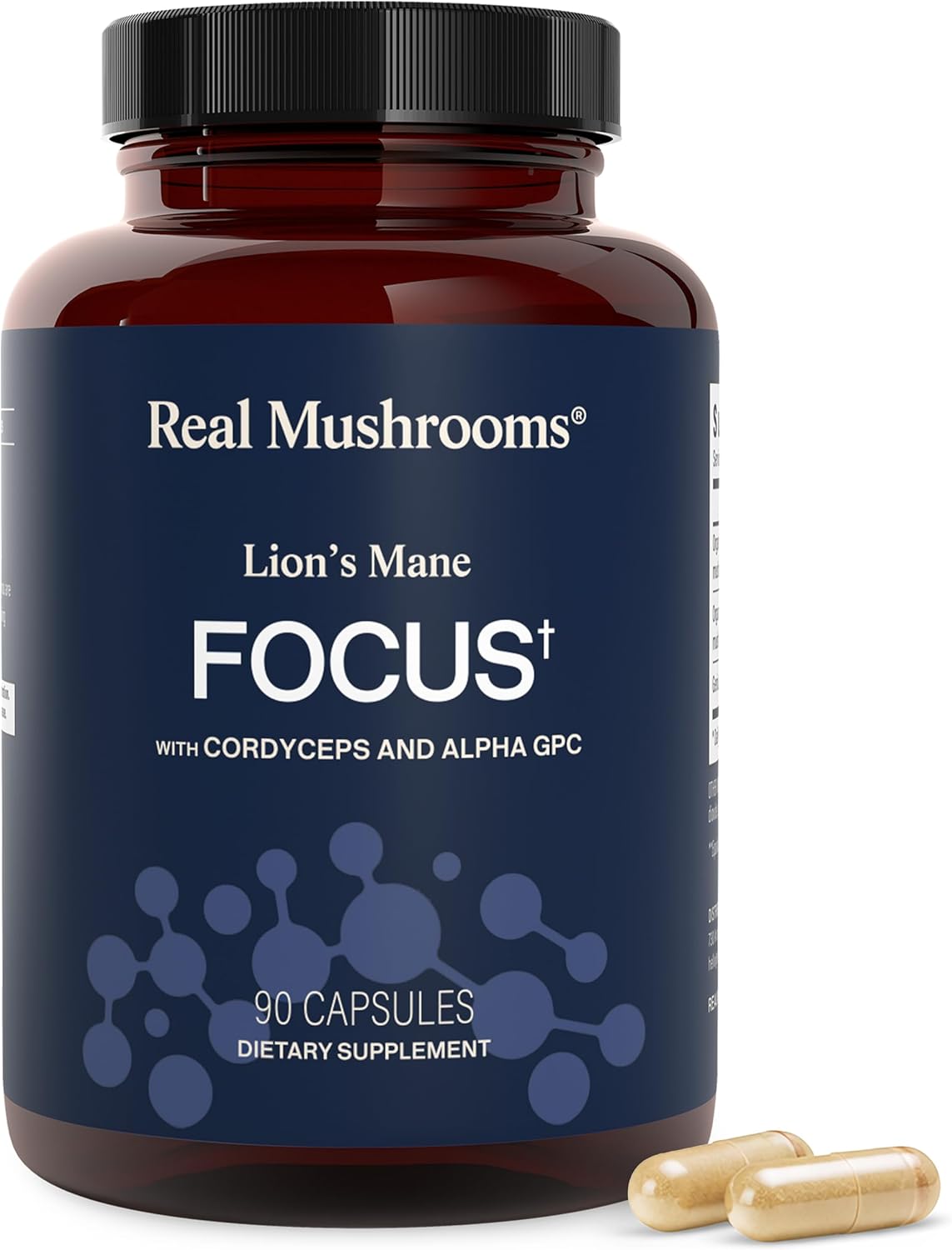 Real Mushrooms Lions Mane Focus Capsules (90 Count) – Organic Lions Mane Fruiting Body Extracts with 200mg Alpha GPC Choline for Mental Clarity & Daily Cognitive Function
