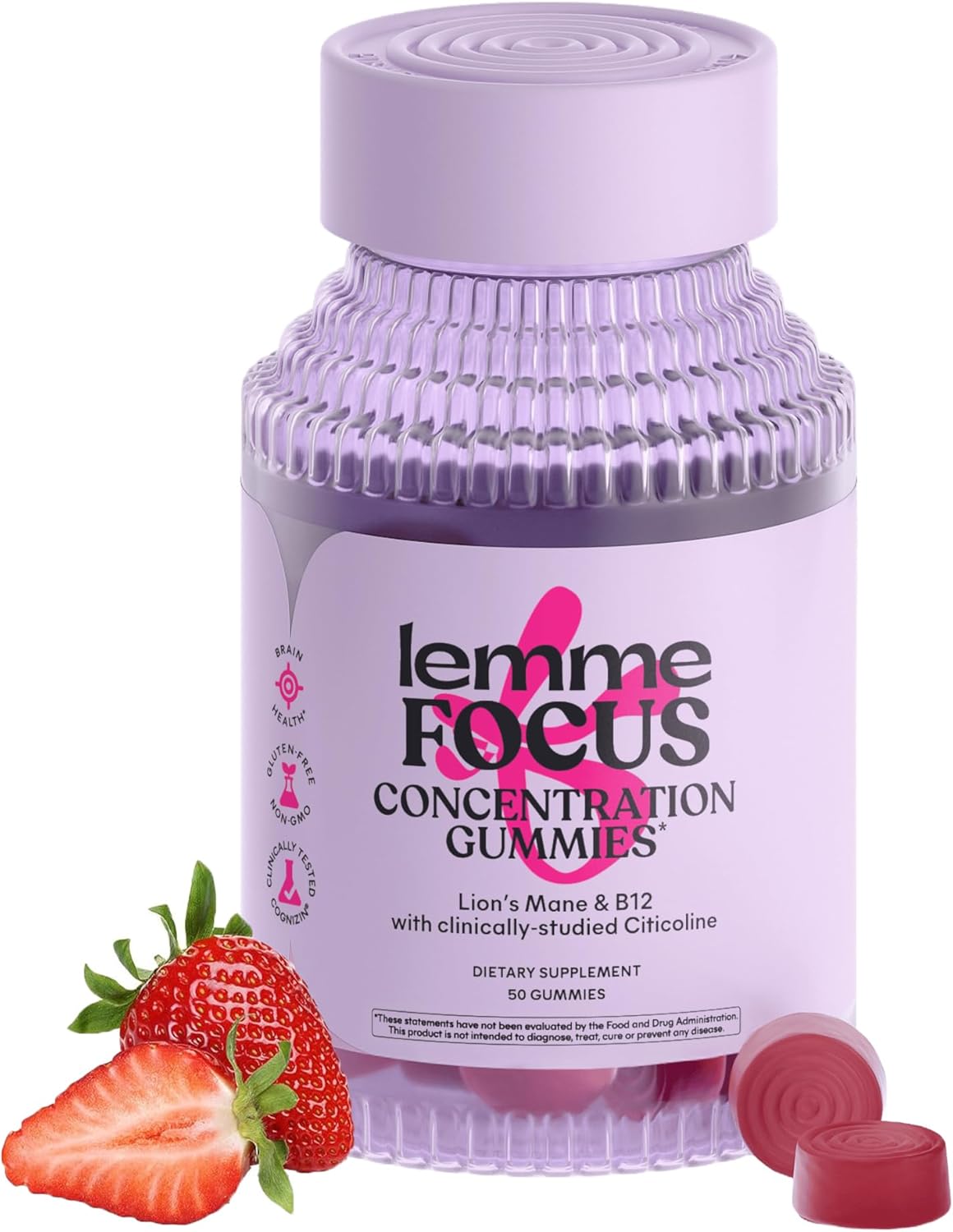 Lemme Focus Concentration & Brain Health Gummies with Cognizin Citicoline, Lion’s Mane Mushroom, Vitamin B12 to Support Focus + Concentration – Gluten Free, Caffeine Free, Strawberry (50 Count)
