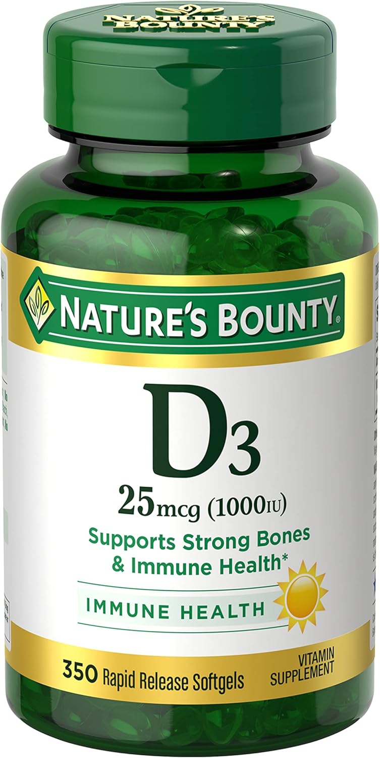 Nature’s Bounty Vitamin D3 1000 IU Softgels, Immune Support, Promotes Healthy Bones, 1 Softgel per Day, Gluten Free, 350 Count