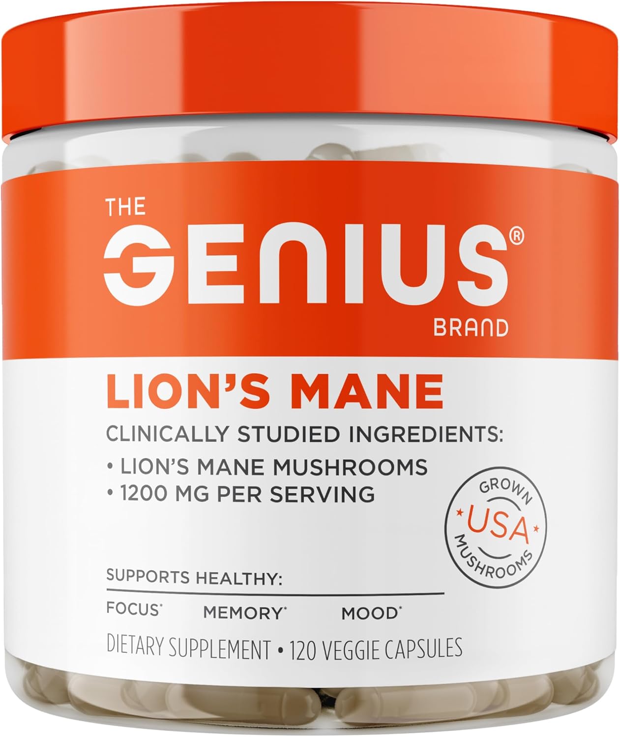 The Genius Brand Genius Lion’s Mane – Plant-Based Supplement for Memory, Focus & Mood Support – Organic & Non-GMO – 120 Veggie Capsules