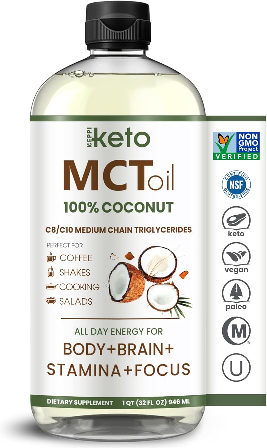 Keppi MCT Oil – from 100% Coconuts – Flavorless C8 and C10, Non-GMO, Certified Gluten-Free, Palm Oil Free, Vegan, Kosher, Halal, 32 oz Coconut Oil