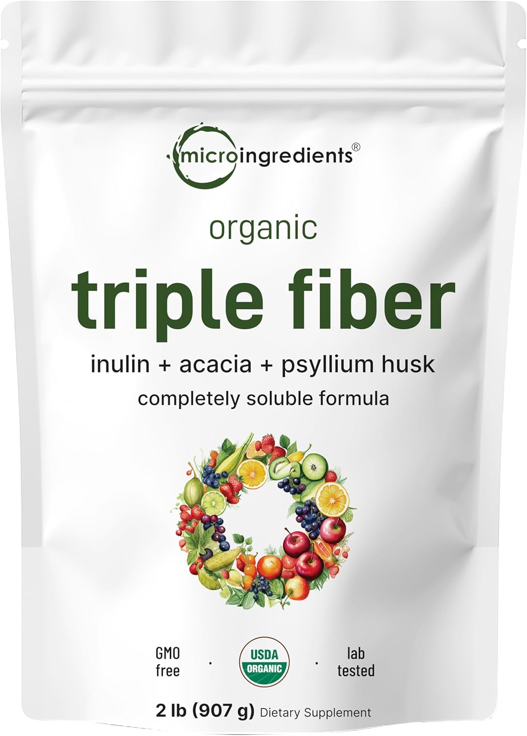 Micro Ingredients Organic Triple Fiber Powder, 2lb | Natural Prebiotic to Support Digestive & Gut Health | Soluble, Easily Digestible | Unflavored, Vegan