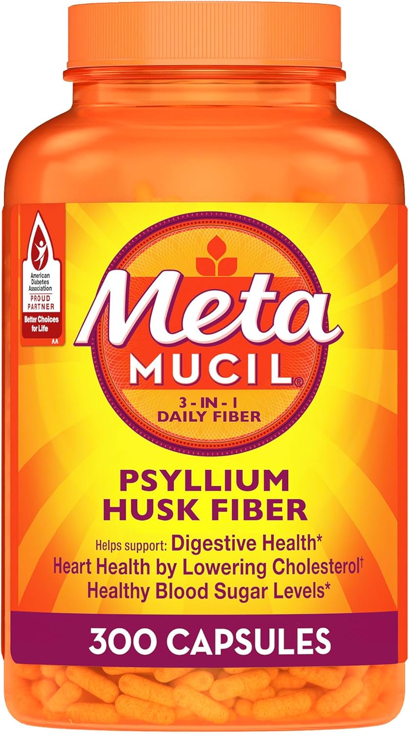 Metamucil 3-in-1 Fiber Capsules, Daily Psyllium Husk Fiber Supplement, Fiber Capsules for Digestive Health, Plant-Based Psyllium Husk Fiber Capsules, #1 Doctor Recommended Fiber Brand, 300ct Capsules