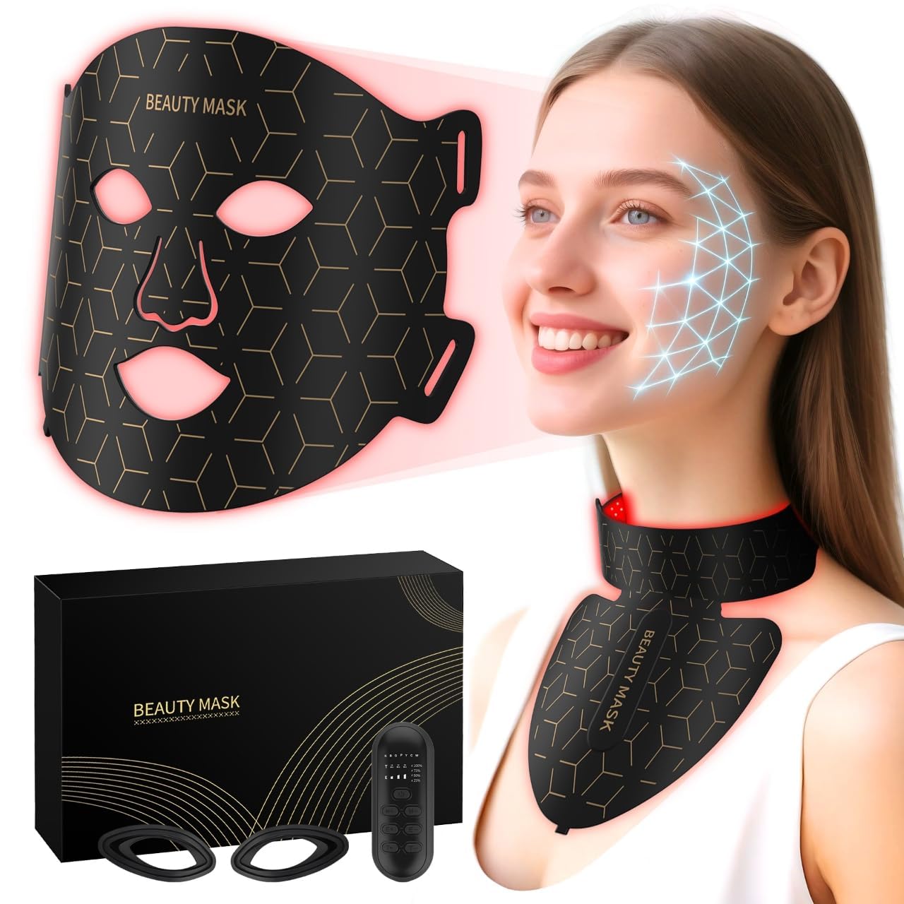 FDA-Cleared Red Light Therapy for Face & Neck, Rechargeable 7-in-1 LED with 850nm & 660nm NIR, Hands-Free Silicone for Anti-Aging, Wrinkle Reduction & Sensitive Skin During Yoga or Work