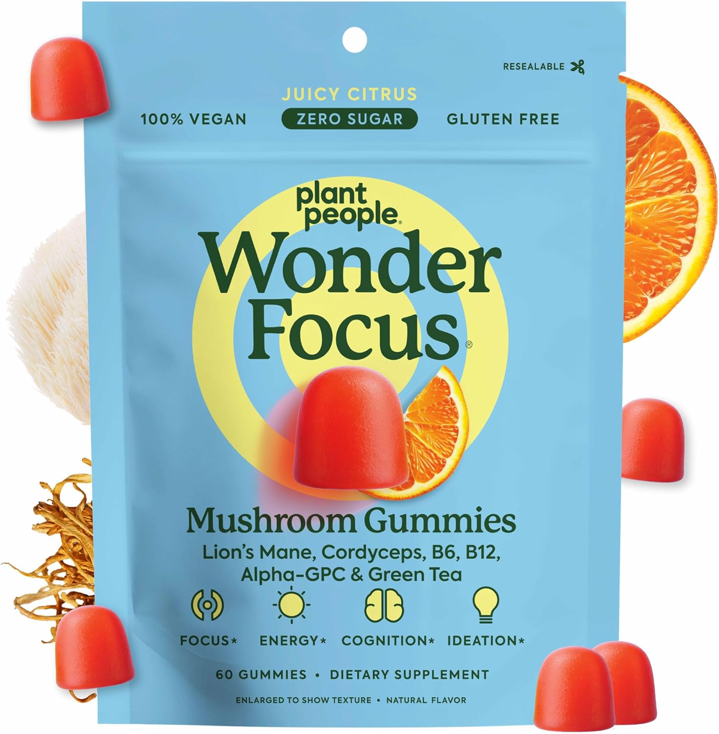 Plant People WonderFocus Mushroom Gummies with Lion’s Mane & Cordyceps – Nootropic Brain Supplement Boosts Memory, Focus, Energy & Mood in Adults | No Sugar, 100% Vegan, Citrus Flavor, 60 Count