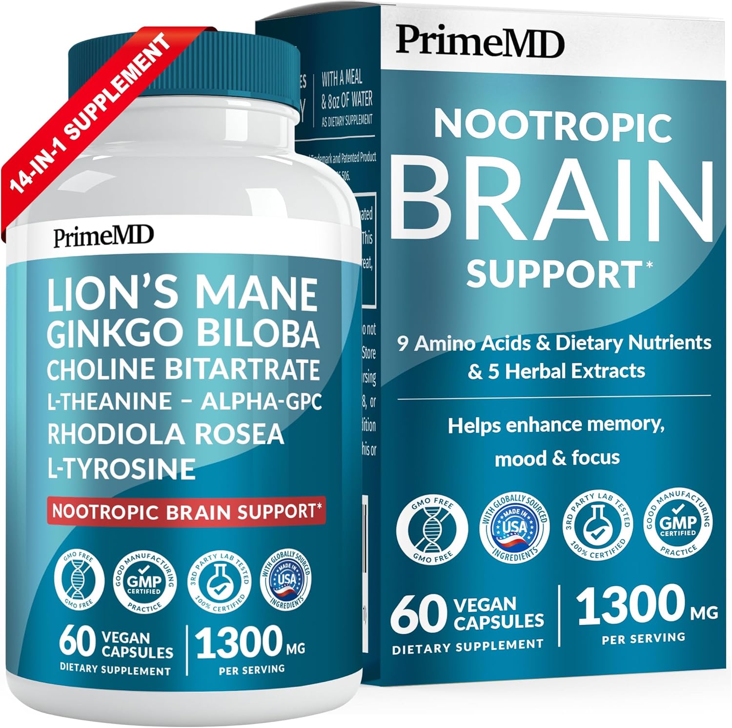 14-in-1 Lions Mane Supplement Capsules – Nootropic Brain Supplement with Ginkgo Biloba for Brain Support, Memory and Focus – Alpha GPC, L Theanine & Choline Supplements with 1300mg Per Serving (60 ct)