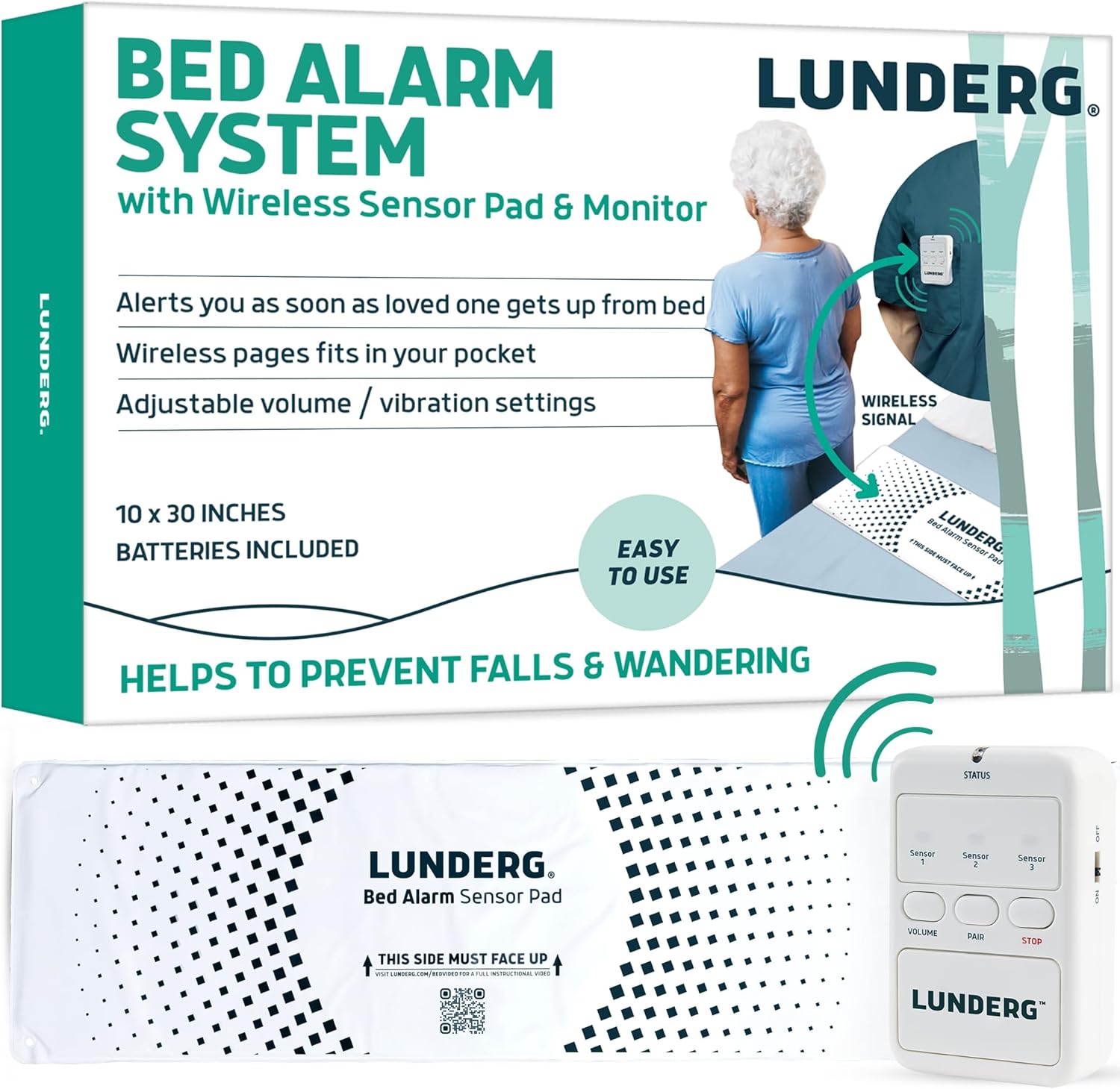 Lunderg Bed Alarm for Elderly Adults – Wireless Sensor Pad (10” x 30”) & Pager – Bed Alarms and Fall Prevention for Elderly and Dementia Patients