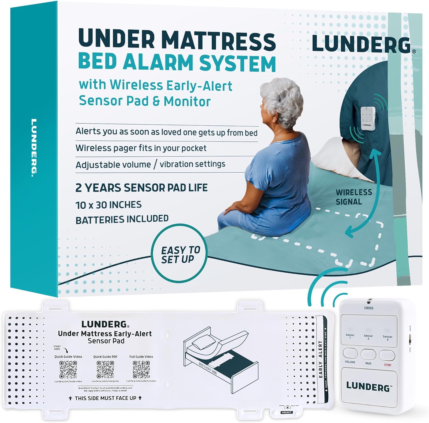 Lunderg Under Mattress Bed Alarm for Elderly Adults – Wireless Sensor Pad with Early Alert & Pager – Bed Alarms and Fall Prevention for Elderly and Dementia Patients – Reduces False Alarms