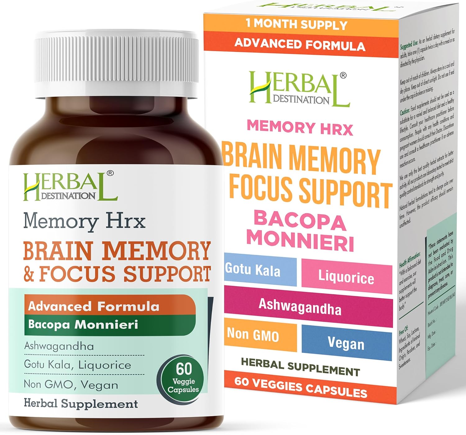Memory Hrx – Brain Supplement Support Cognitive Function Improves Memory and Focus, Brain Vitamins and Cognitive Supplement, Gluten Free Dairy Free – 60 Vegetarian Capsules