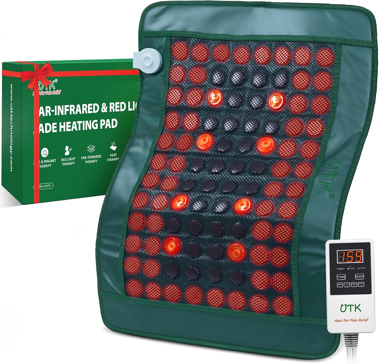 UTK Far Infrared Heating Pad for Back with Red Light Therapy, 8X Pain Relief for Body, Hot to 159℉, FSA-HSA Eligible, Auto Shut Off, 56 Jades & 32 Magnets Stone, 26 x 20”