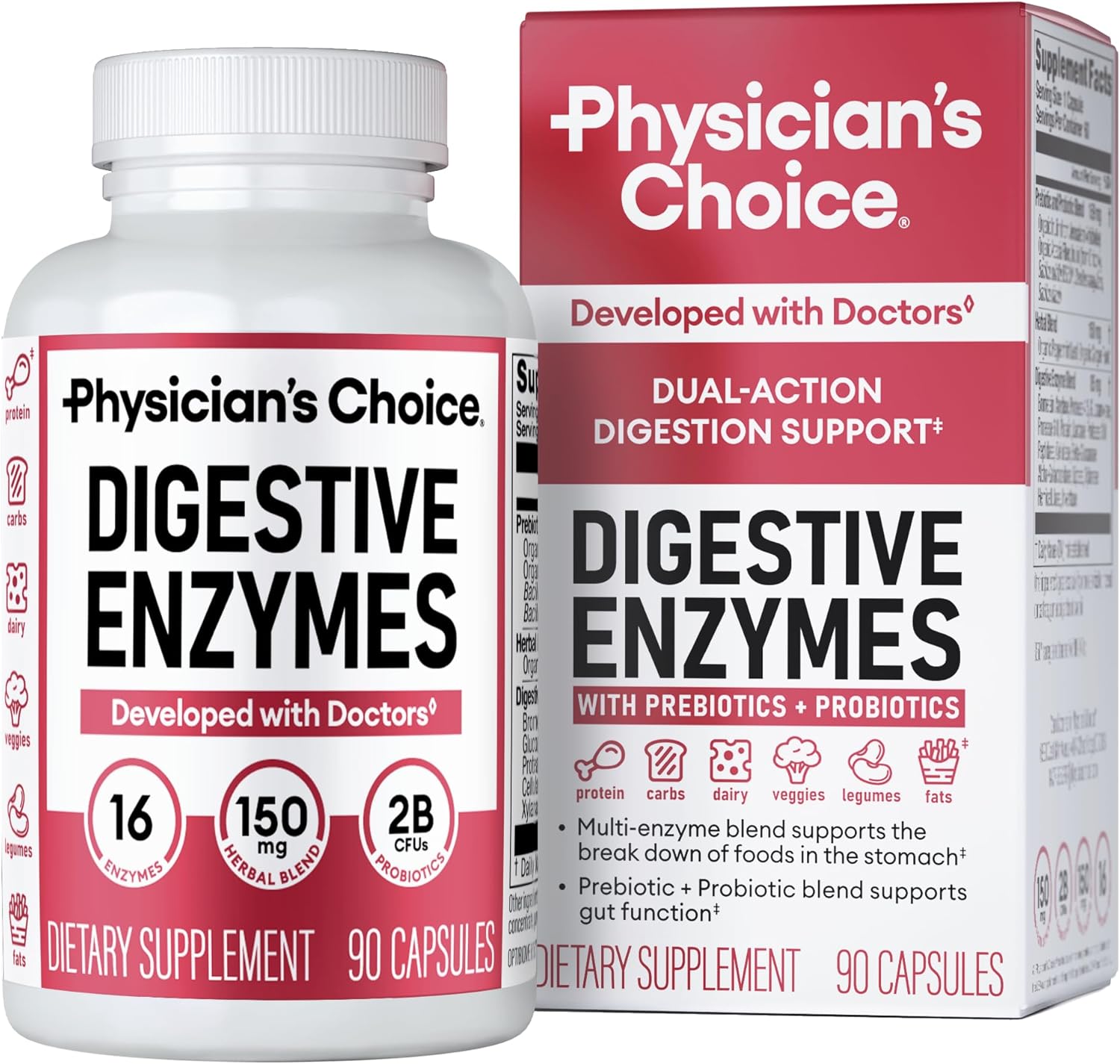Physician’s CHOICE Digestive Enzymes for Bloating & Digestion – 16 Enzymes with Organic Prebiotics & Probiotics for Gut & Digestive Health – Meal Time Discomfort Relief – Dual Action Support – 90 CT
