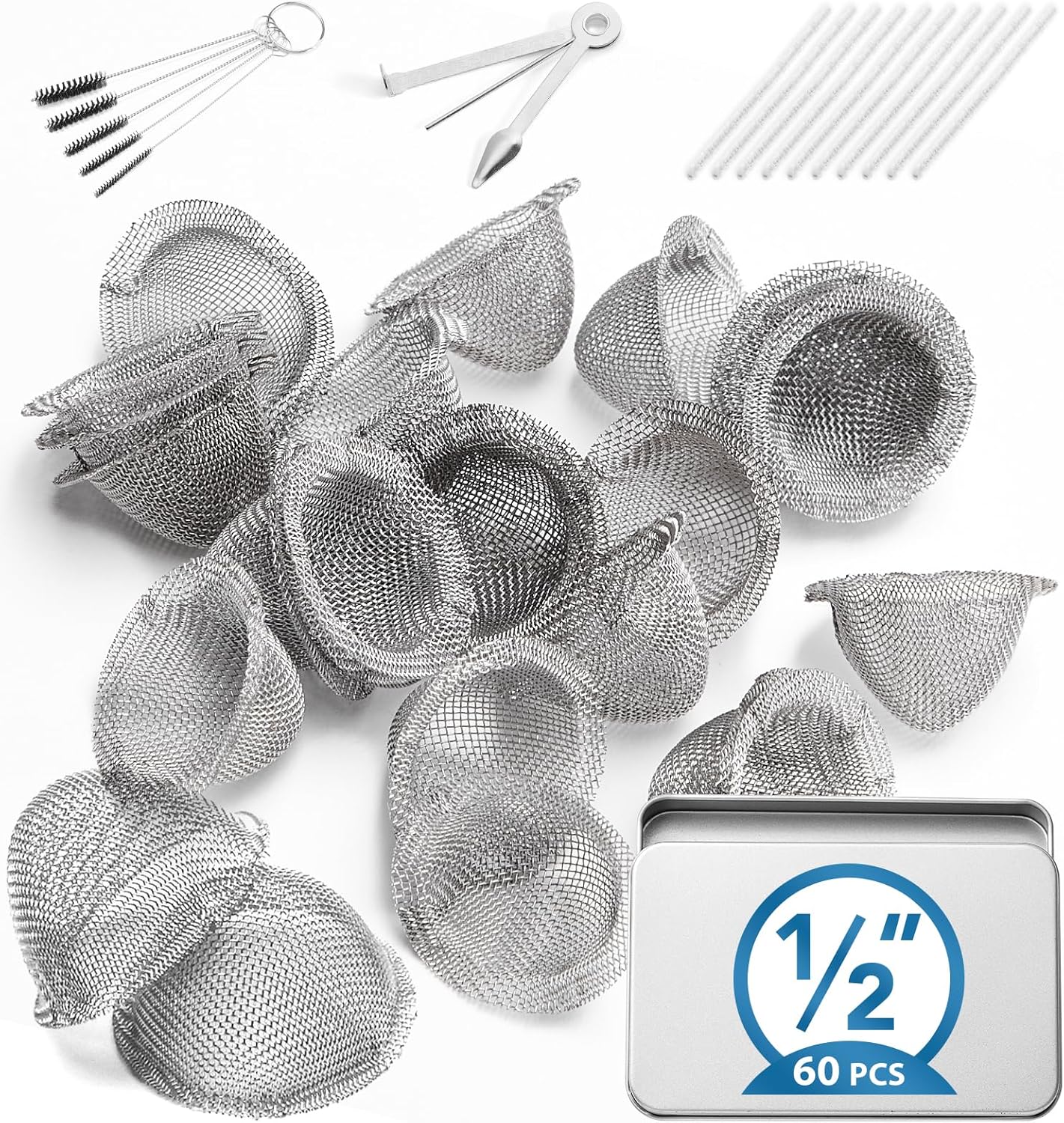 Pipe Screens Filter, 1/2 Inch 60 Pcs Tapered Design Bowl Screens with Pipe Cleaners, 3 in 1 Tool, Bottle Brush, 0.5 Inch Stainless Steel Mesh with Metal Box