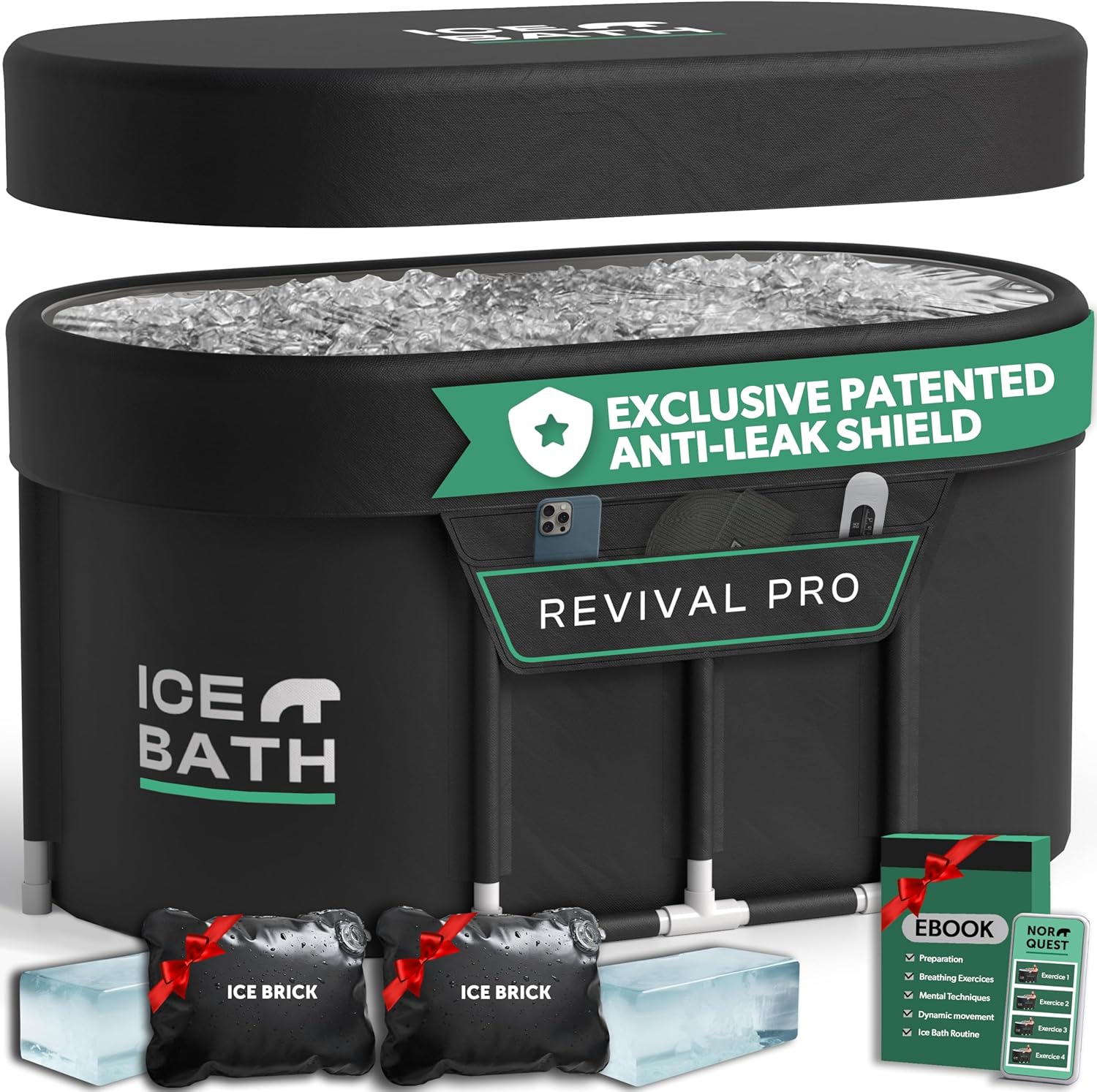 Ice Bath Tub XL – Exclusive Patented Anti-Leak Shield – Cold Plunge Tub With Cover – Ice Bricks x2 – Portable bathtub Outdoor Indoor – Free Ebook