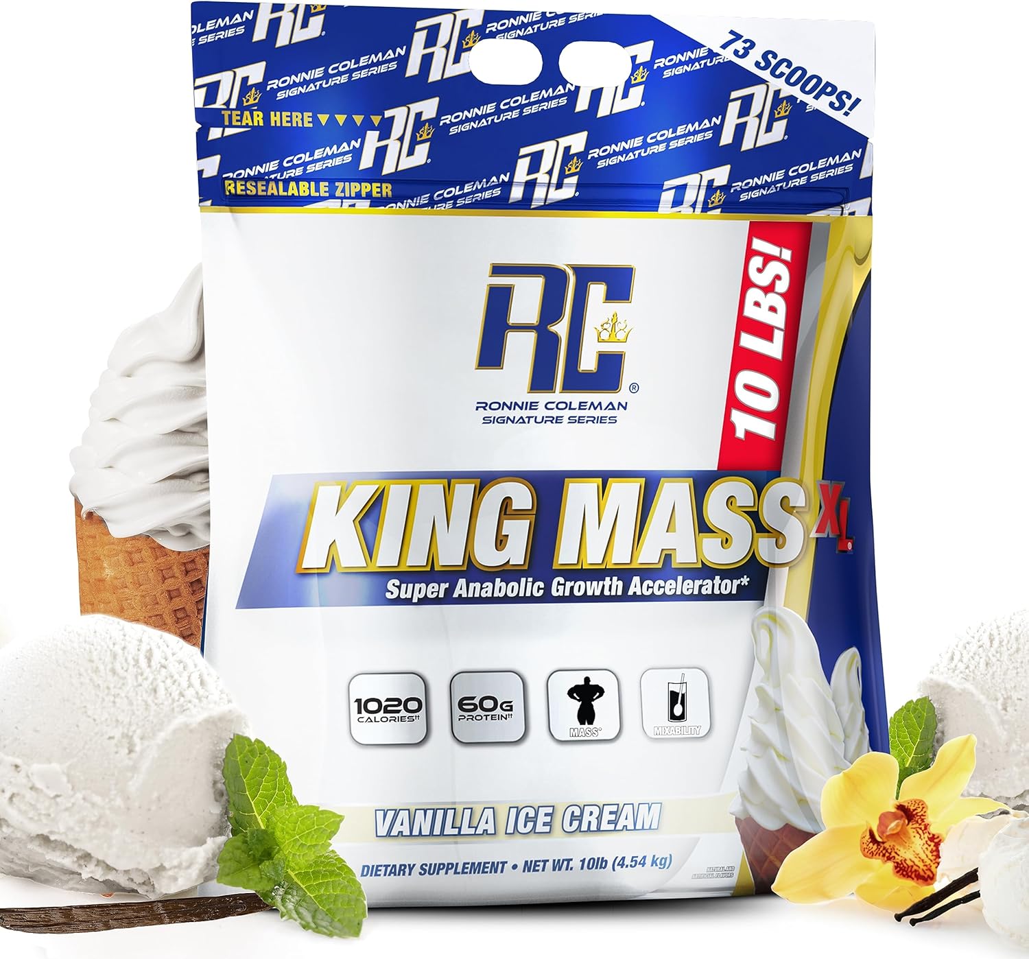 Ronnie Coleman Signature Series King Mass XL Mass Gainer Protein Powder – Vanilla Ice Cream Weight Gainer with 60g Protein, 180g Carbohydrates, 1,000+ Calories, Creatine & Glutamine – 10 Pound
