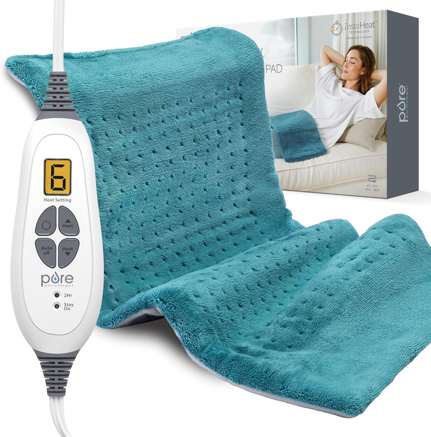 Pure Enrichment® PureRelief XL Heating Pad – 12″ x 24″ Electric Heating Pad for Back Pain & Cramps, 6 Heat Settings, Soft Machine Wash Fabric, Auto-Off & Moist Heat (Blue)