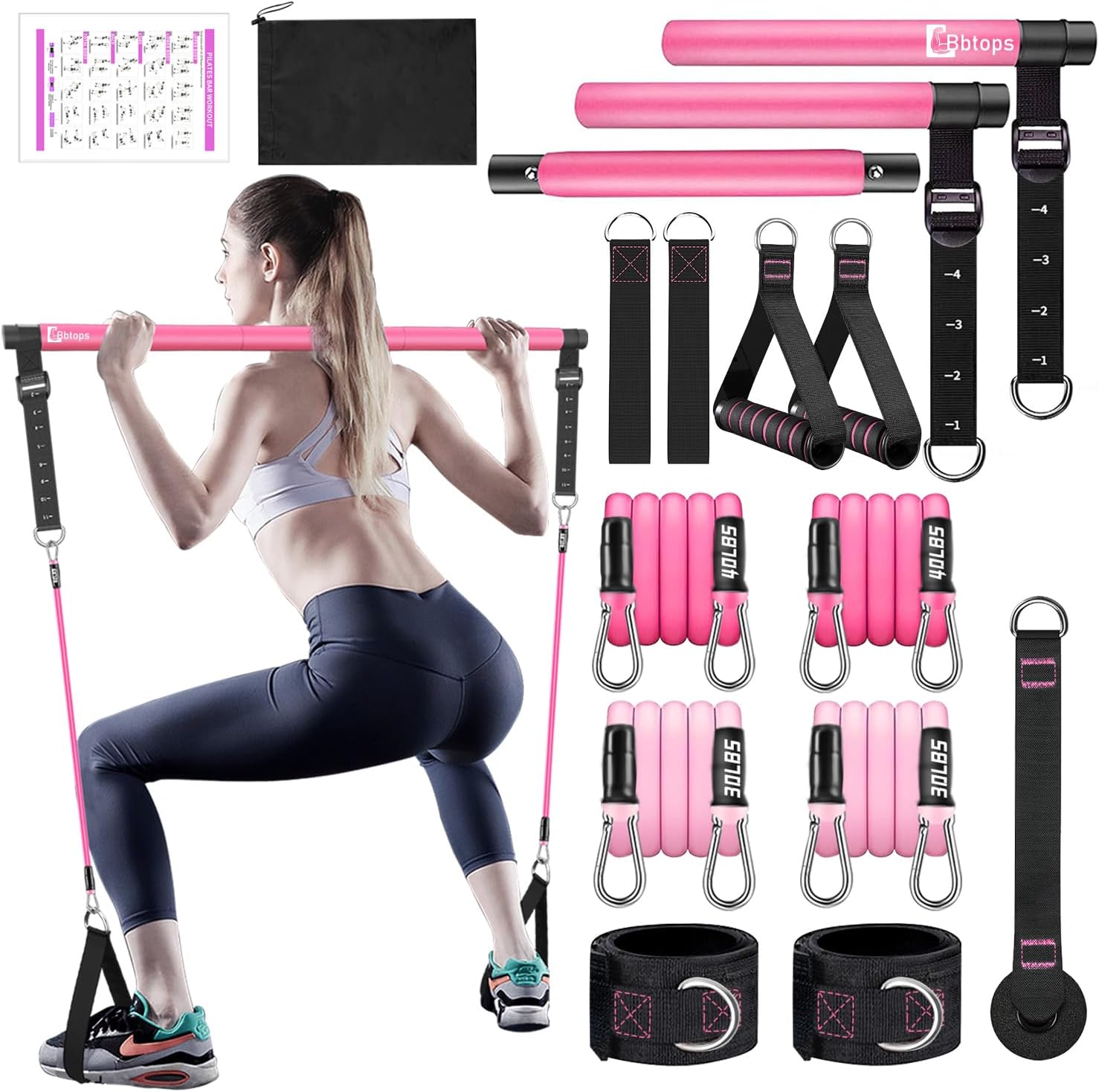 Bbtops Pilates Bar Kit with Resistance Bands,Pilates Bar with Stackable Bands Workout Equipment for Legs,Hip,Waist and Arm,Exercise Fitness Equipment for Women & Men Home Gym Yoga Pilates