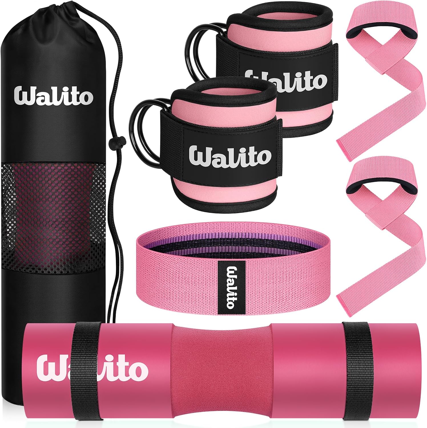 WALITO 8Pcs Barbell Pad Set for Hip Thrust – Squat Pad,Gym Accessories for Women with Bar Bad,Bench Press, with Gym Ankle Straps,Resistance Bands for Working Out,Lifting Strap,Carry Bag