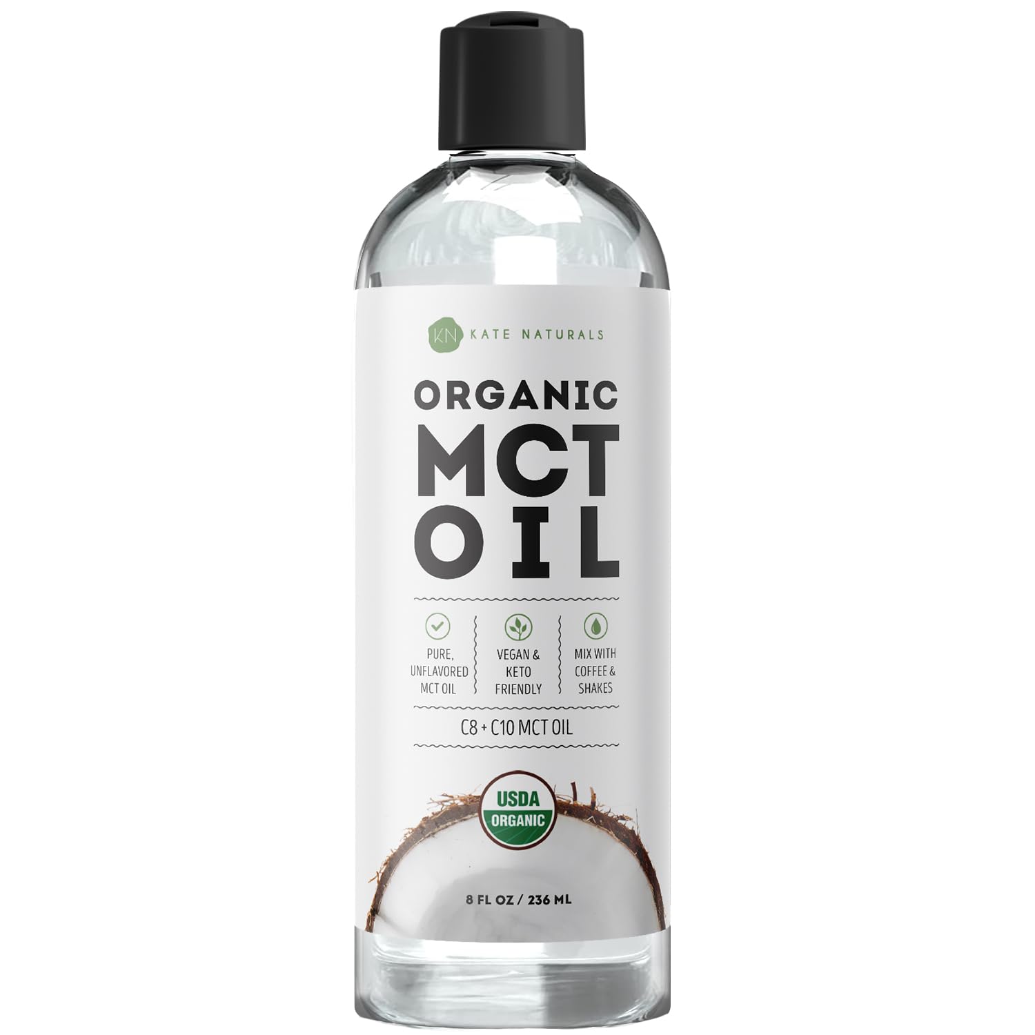 Kate Naturals MCT Oil for Coffee. Pure Coconut MCT C8 and C10 Oil (8oz, Organic, Unflavored) | Mix with Coffee, Non-GMO, Odorless, Unflavored, C8 & C10, Liquid Coconut Oil