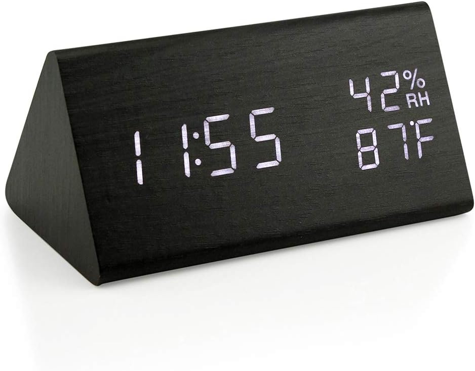 OCT17 Wooden Alarm Clock, Smart LED Digital Clock for Bedroom/desks, Upgraded with Time Temperature, Adjustable Brightness and Voice Control, Humidity Displaying – Black