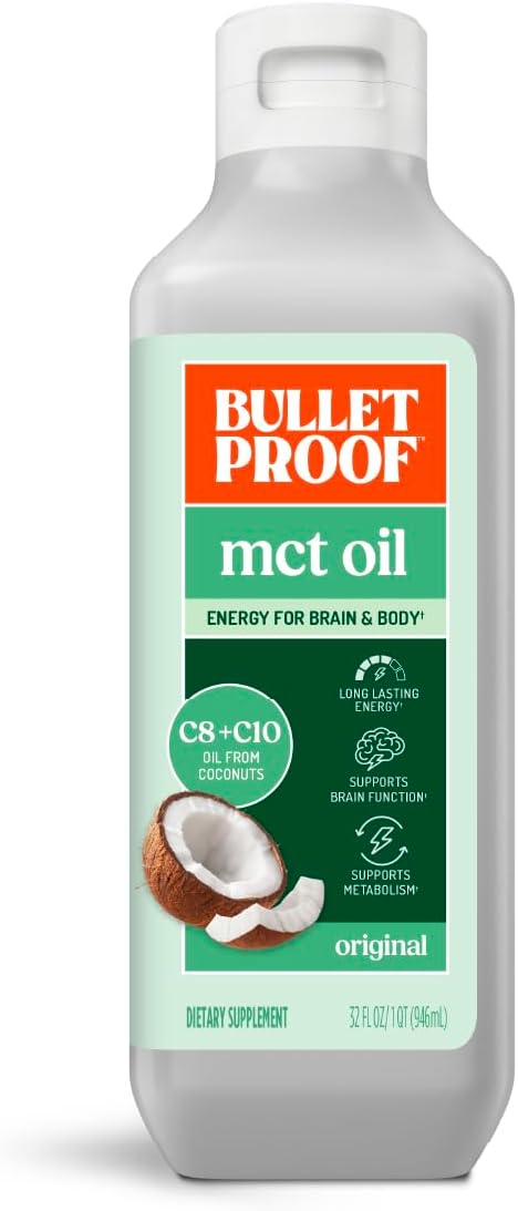 Bulletproof C8 & C10 MCT Oil, 100% Pure Coconut Oil, Triple-Distilled for Sustained Keto Energy, Unflavored, No Additives or Fillers, Non-GMO, 32 oz