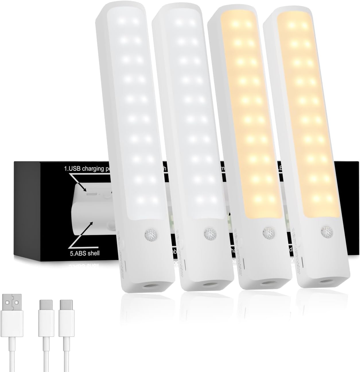 Under Cabinet Lighting Motion Sensor Lights, 3 Color Temperatures, 4 Pack 2200mAh Rechargeable LED Lights with a Charging Cable, Suitable for Kitchens, Stairs, Wardrobes