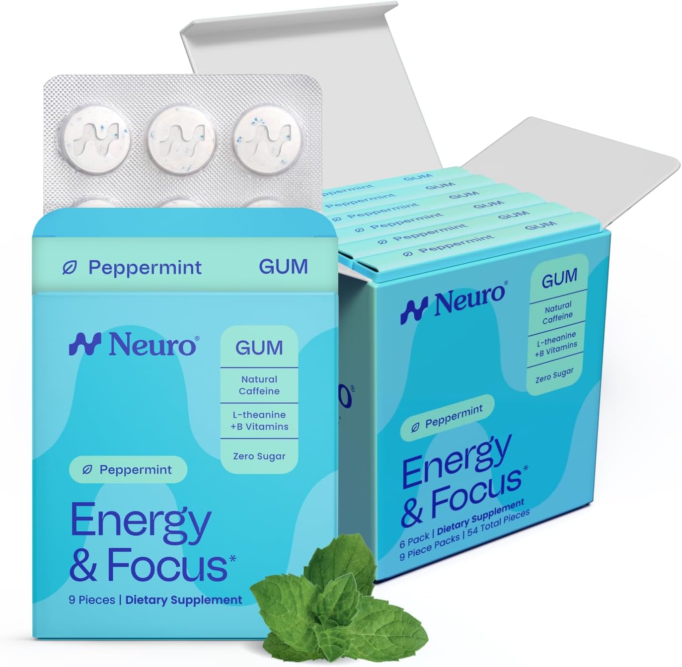 Neuro Energy & Focus Gum – Caffeine Gum with 40mg Natural Caffeine & L-Theanine – Nootropic Energy Supplement with B Vitamins – Sugar Free, Vegan – Peppermint, 54ct