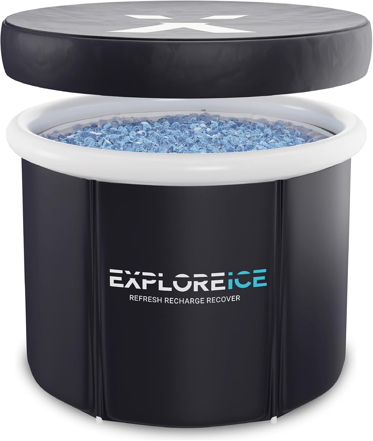 Explore Ice Bath Pro Max Extra Large Outdoor Inflatable Portable Athlete Cold Water Therapy Plunge Barrel Bath Tub with Lid and Carry Bag, Black/White