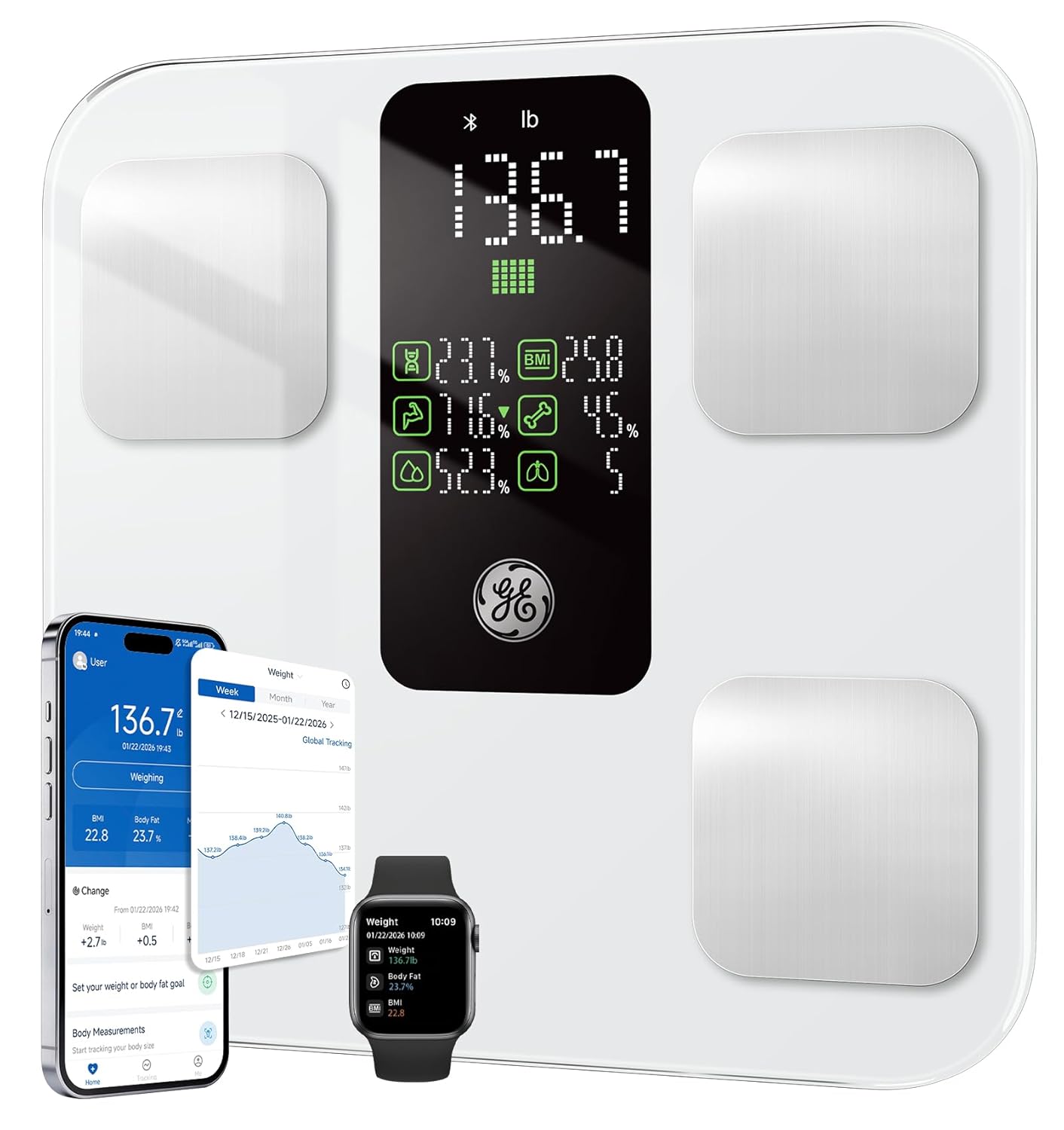 GE Scale for Body Weight: Body Fat, BMI, Muscle Mass, Smart Bathroom Scales with 14 Body Composition Metrics with Large Display, Accurate Bluetooth Weighing Machine, 400 lbs, White 300mm