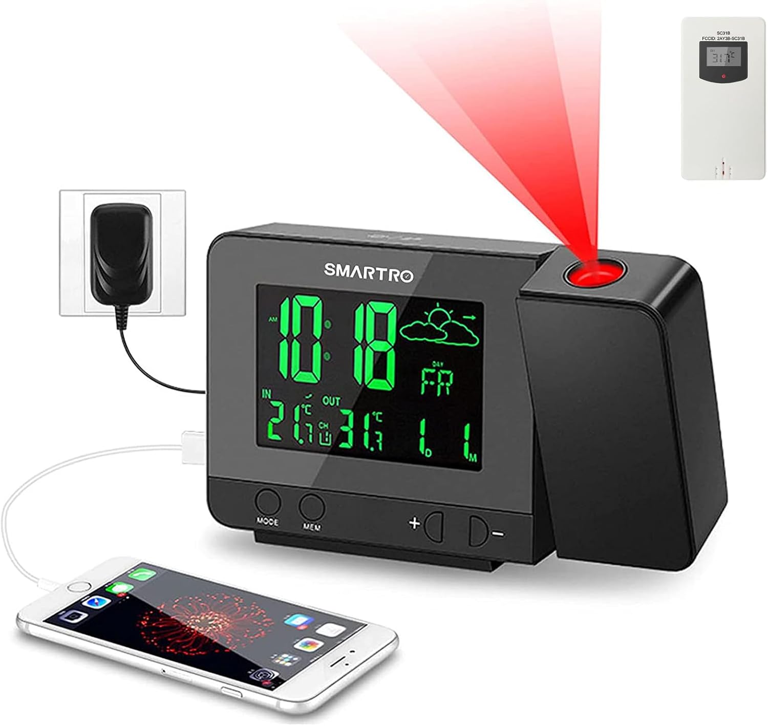 SMARTRO SC31B Digital Projection Alarm Clock with Weather Station, Indoor Outdoor Thermometer for Bedrooms, USB Charger, AC Battery Operated