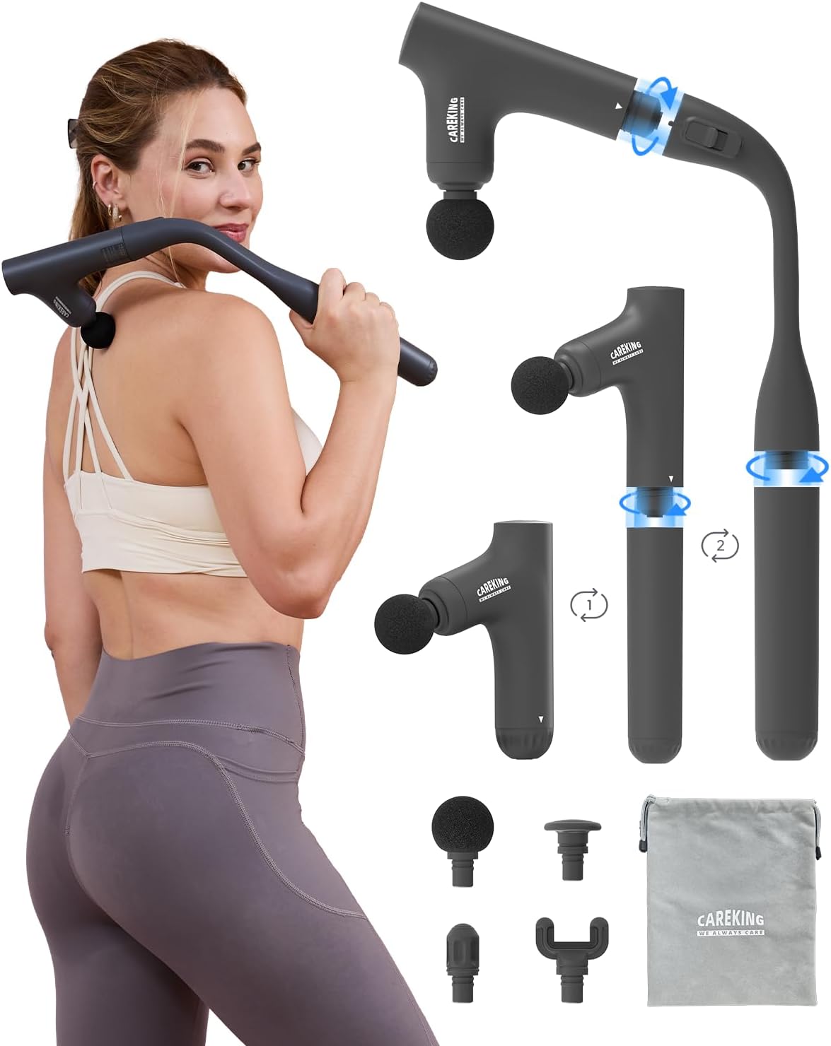 3-in-1 Detachable Massage Gun Deep Tissue, Ergonomic Extension Handle Back Massager for Pain Relief, Portable Percussion Muscle Massager for Shoulder, Thigh, Waist & Neck, FSA-HSA Eligible